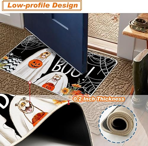 Miniatura 4 de Baccessor Tapete de Halloween Boo para perro, diseño de tela de araña, calabaza, puerta delantera, antideslizante, parte trasera de goma