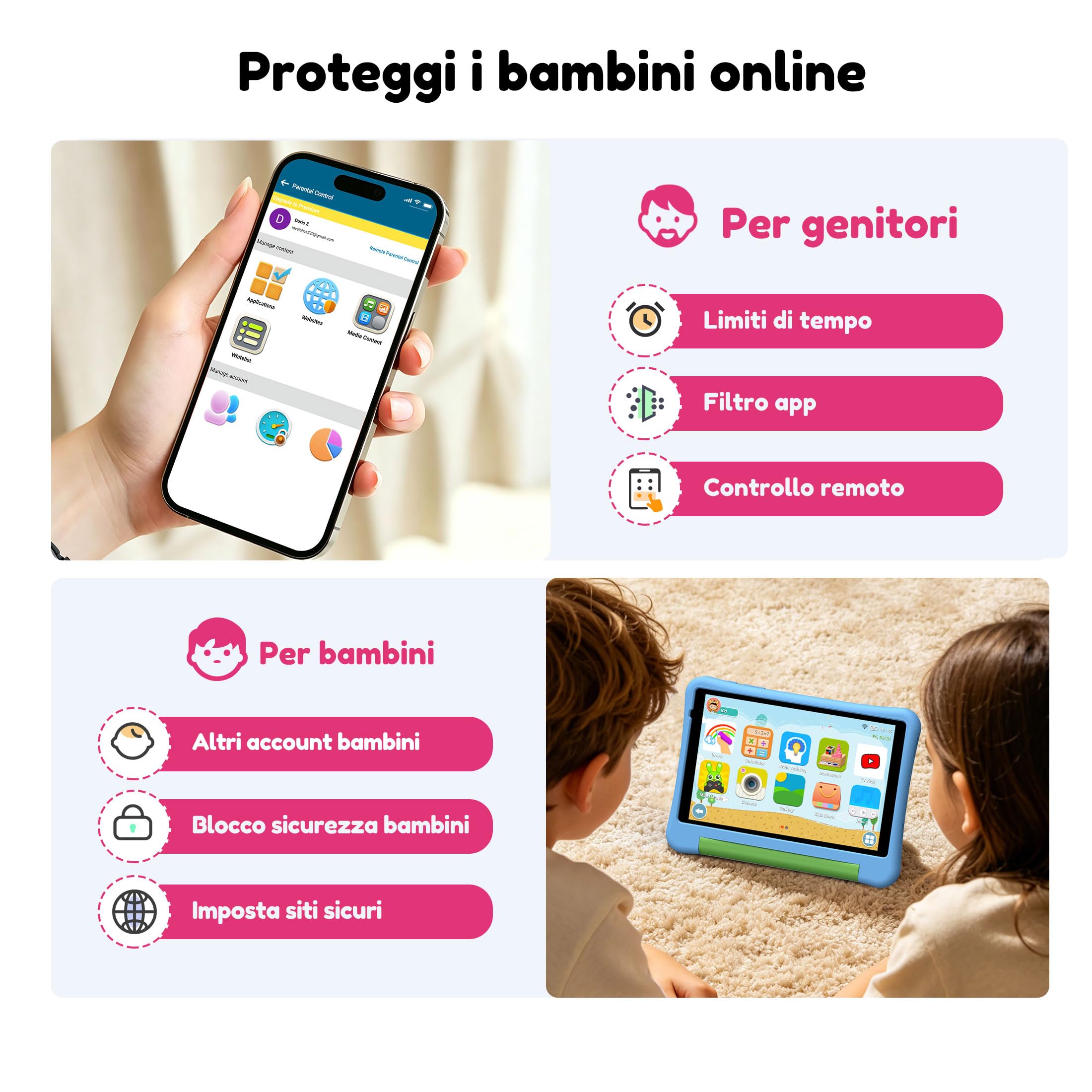 ALLDOCUBE Kido Tablet Per Bambini 8 Pollici, Android 15 Go, 32GB ROM, Rosa | Controllo Parentale, iWaWa preinstallato, 512GB TF, Unisoc T310, 5000mAh, 2 Altoparlanti, Jack 3,5mm, Cover Anticaduta