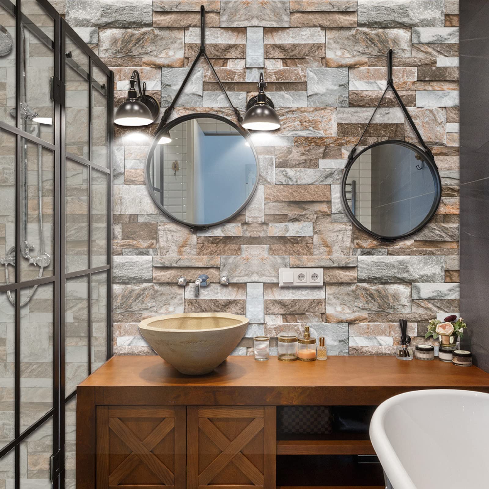 Piastrelle Adesive Cucina Mattone Di Pietra Marrone Chiaro Pavimento pvc Adesivo Mobili Decorazioni Piastrelle Adesive Bagno Impermeabile Resistenza all'olio Mattonelle Adesive