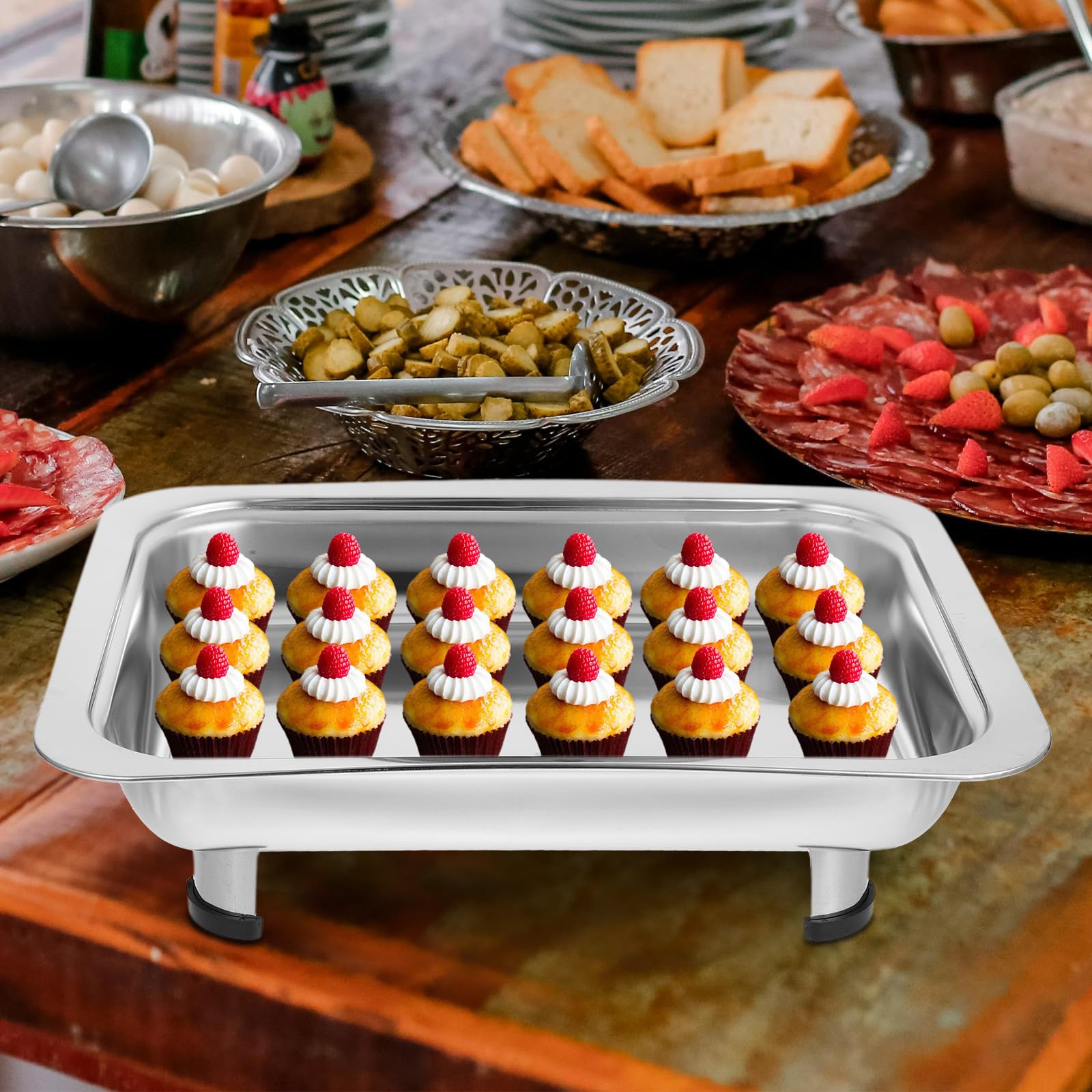 Bandeja de acero inoxidable para servir buffet con tapa, patas antideslizantes, bandeja resistente a la rotura para cocina, fiestas y eventos, elegante solución de catering
