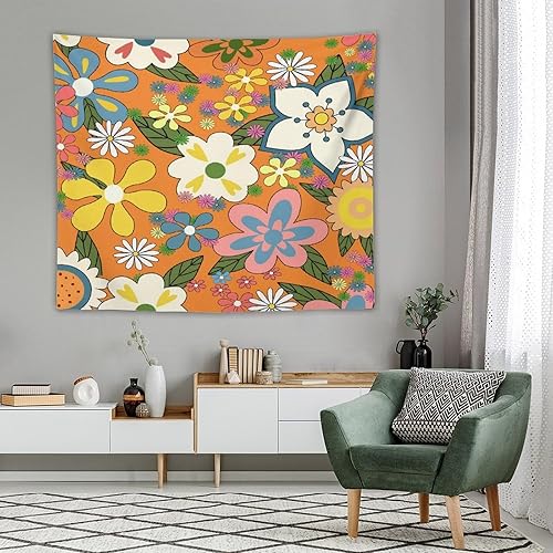 Miniatura 102 de Tapiz floral retro de los años 60 y 70, diseño hippie de primavera Groovy Flower Power Flower Boho para colgar en la pared, arte neutro para Hippie