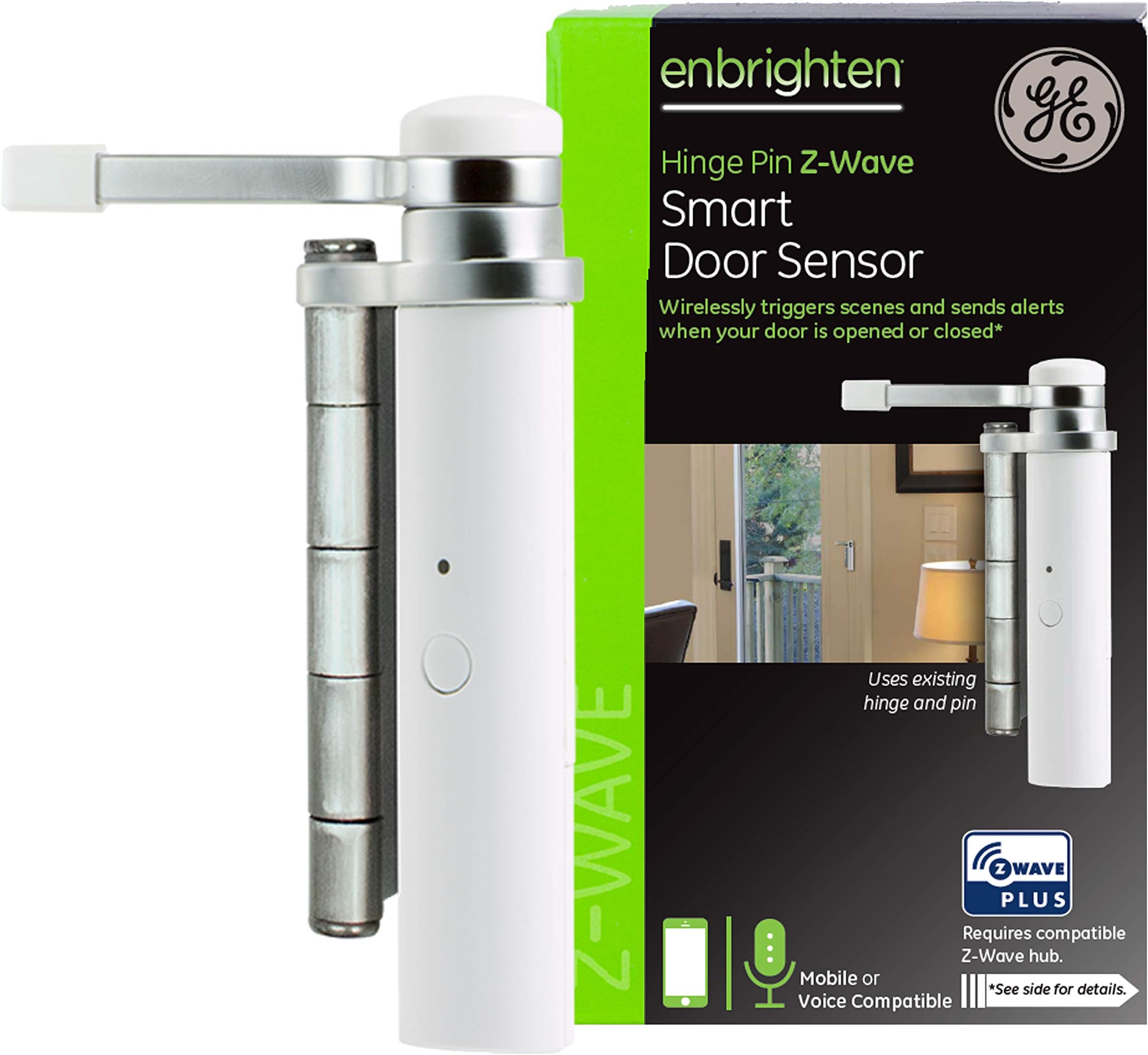 GE Enbrighten Z-Wave Smart Hinge Pin Door Sensor, Left or Right Opening, Attaches to Existing Door Hinge, ZWave Hub Required, 32563, White