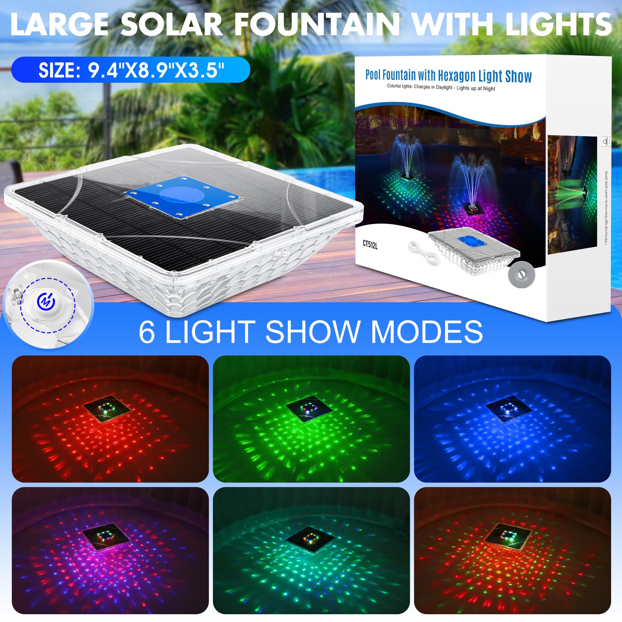 LanBlu Fuente Solar con Espectáculo de Luces, 24 * 24CM Fuente Flotante para Piscina con Ancla, 7 Modo de Iluminación Fuente Solar Jardin Exterior, Flotante Fuentes Solars para Estanque Piscina