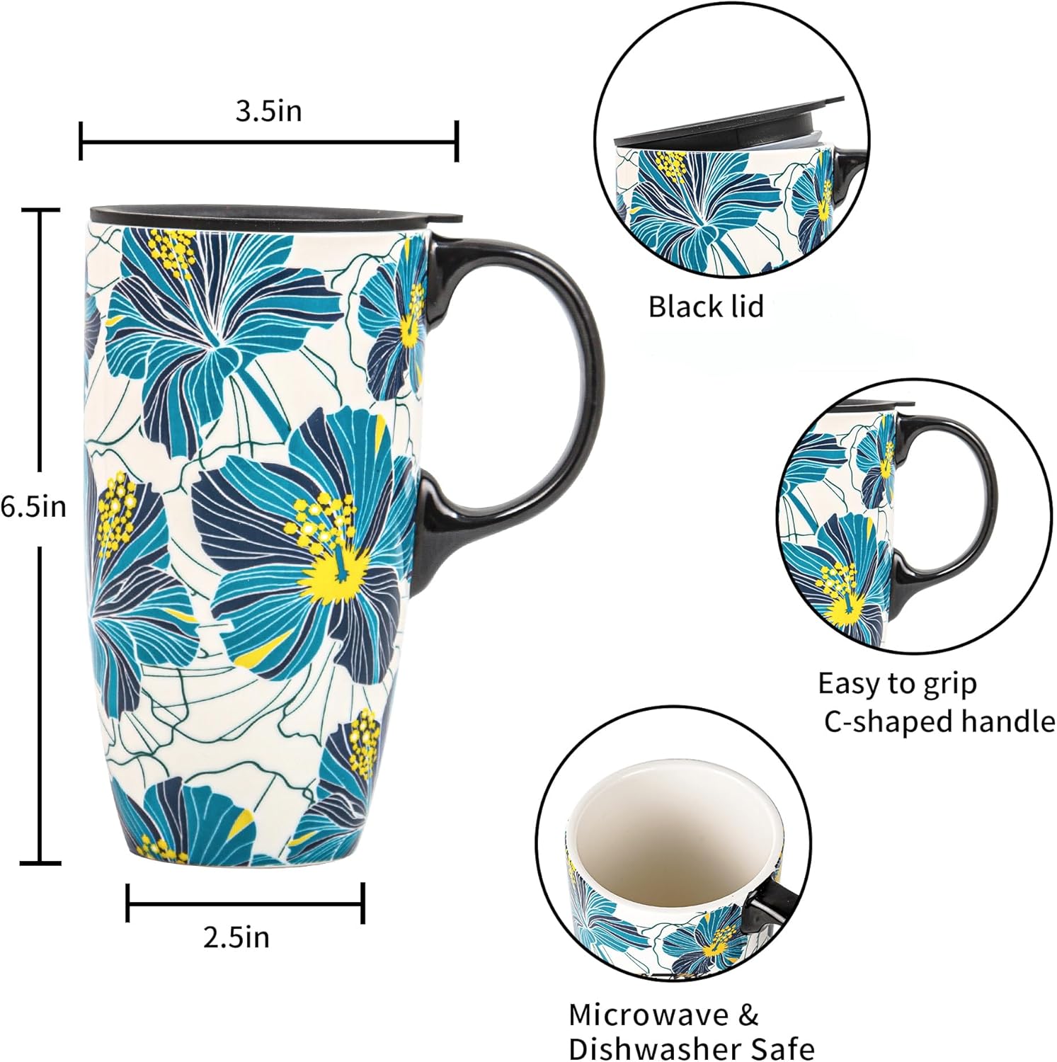 Topadorn Ceramic Coffee Mug Porcelain Latte Tea Cup With Lid Handle and Gift Box 17oz.,Blue Flowers - Image 6