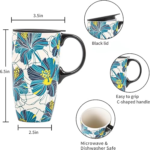 Miniatura 3 de Topadorn Taza de café de cerámica para regalo con tapa de 17 onzas, taza de té alta de porcelana con asa para el hogar y la oficina, taza con patrón