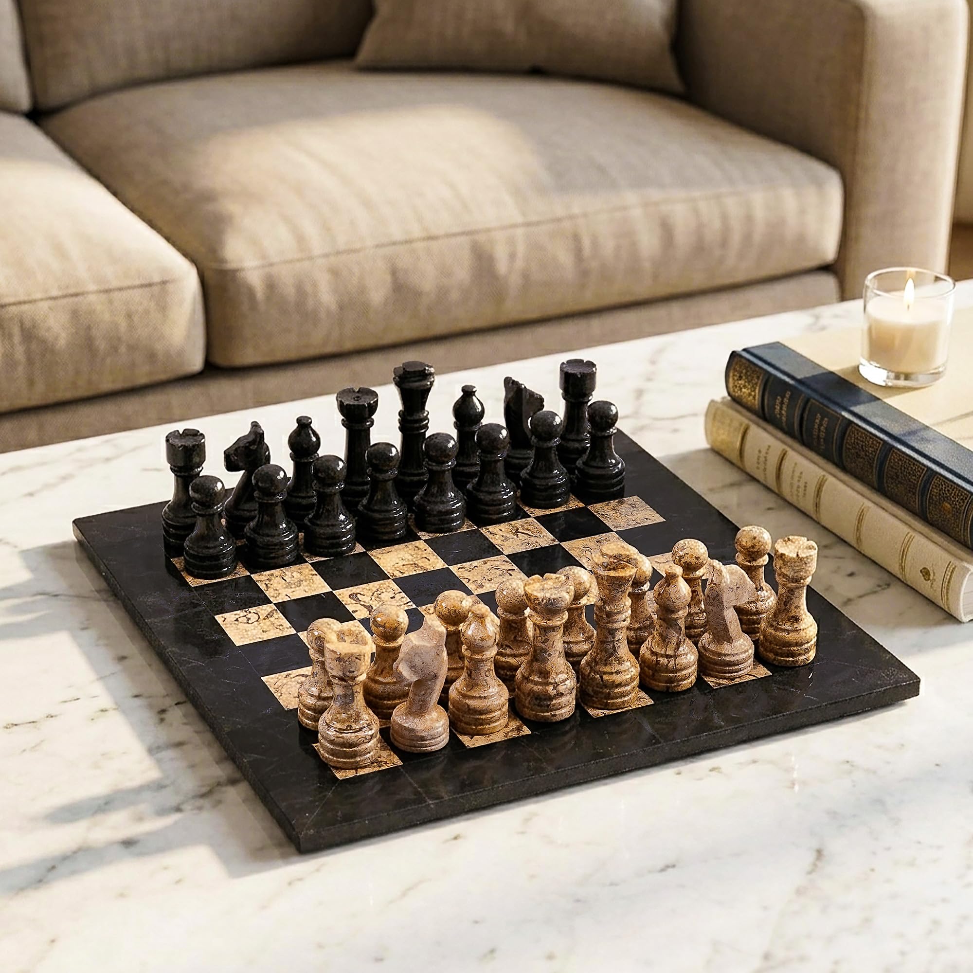 RADICALn Set da 38 cm di scacchi in marmo nero e fossile, stile Staunton e ambasciatore, set da torneo, non magnetico, non backgammon, per 2 giocatori, età minima 96 mesi, adatto a tutti