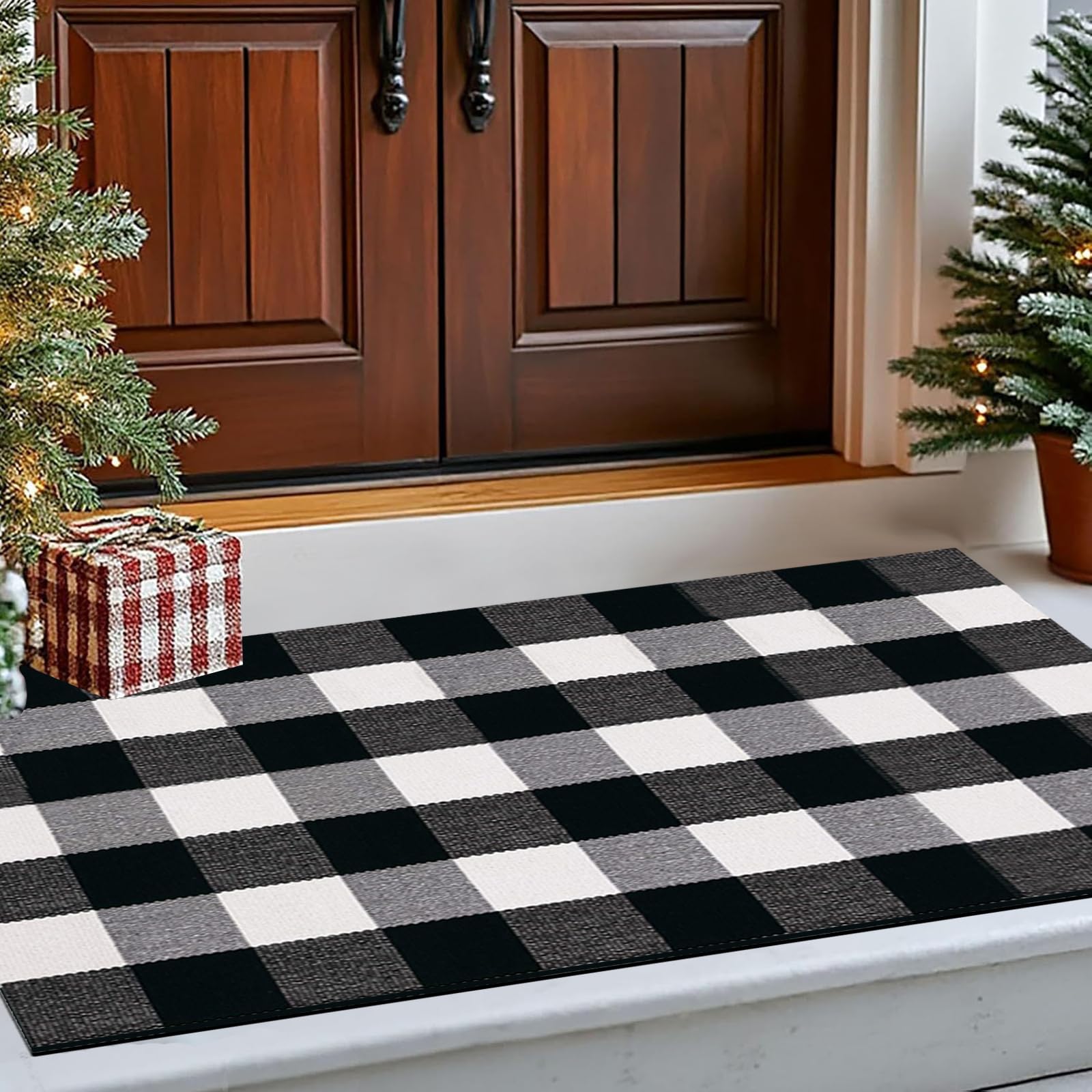 Buffalo Plaid Area Rug 27.5x43.3 Inches, Black White Checkered Non-Slip Mat, Hand Woven Cotton for Outdoor Indoor Entryway, Kitchen, Porch, and