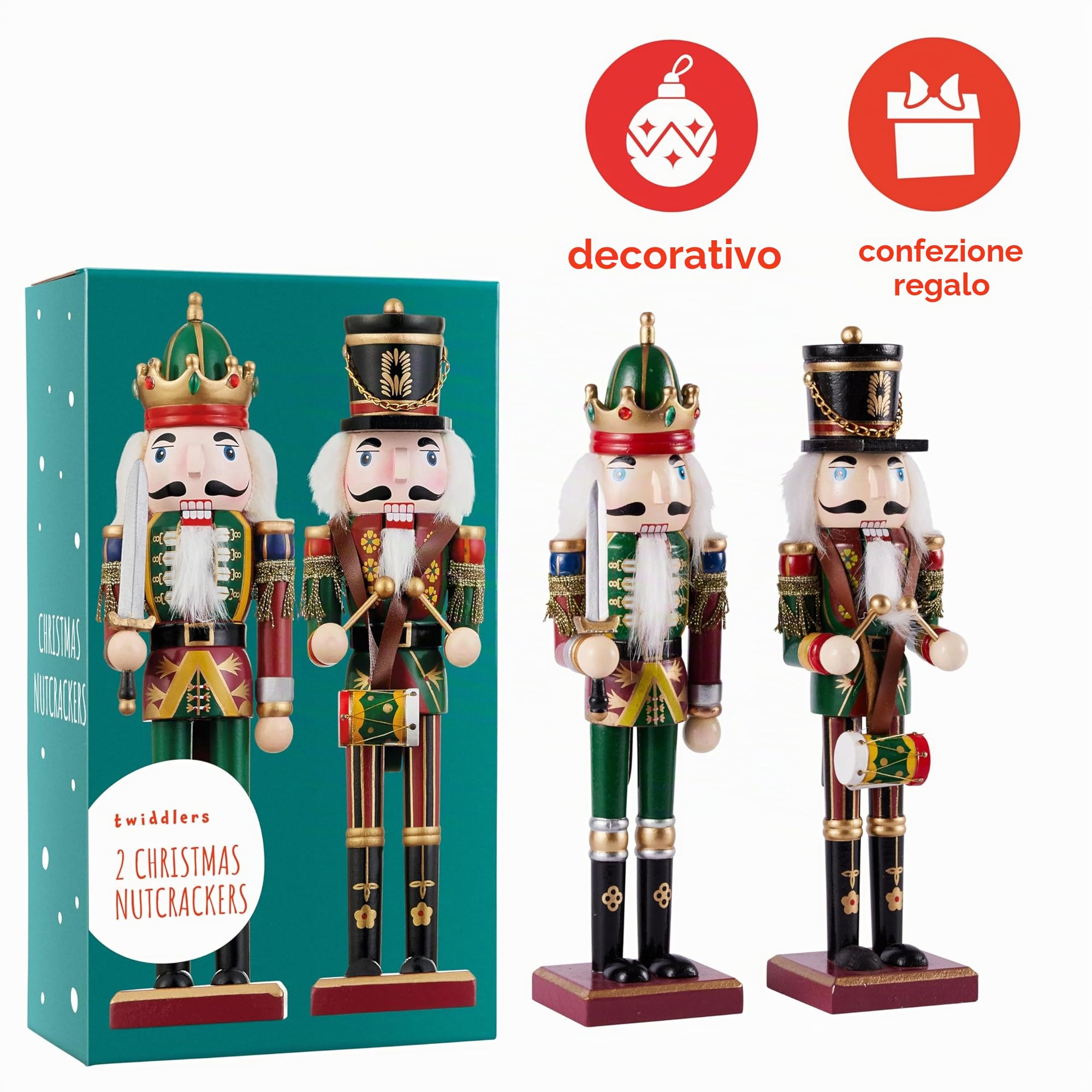 THE TWIDDLERS 2 Schiaccianoci Natale in Legno (30cm) – Soldatini Decorativi Dipinti a Mano – Set Soldato con Spada e Tamburo – Decorazione Natalizia Classica per Camino, Tavola e Mensole – Rosso e Oro