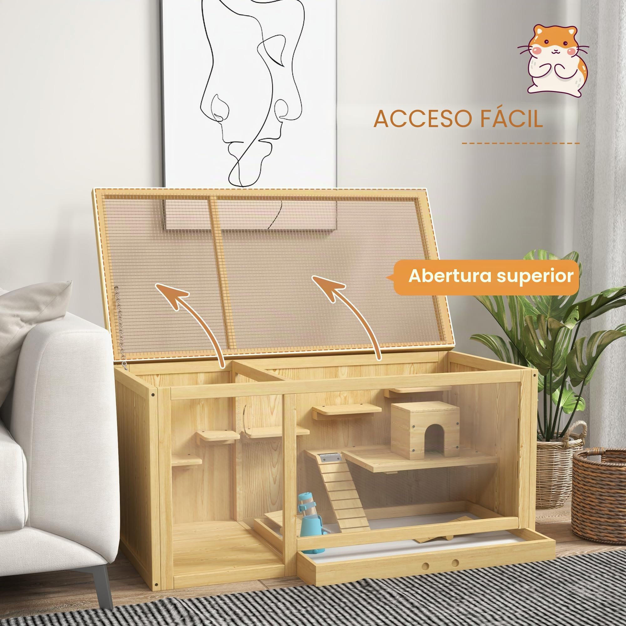 Jaula de madera para hámster PawHut, caseta para animales pequeños de 100 cm, jaula de juegos para jerbos jaula para roedores con columpios, escaleras, techo abrible, caseta, naturaleza