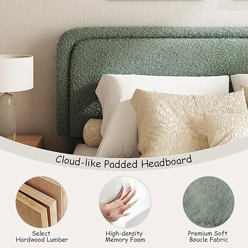 Miniatura 5 de Marco de cama tamaño Queen con tapizado de bóbil, plataforma tapizada en forma de nube con cabecera ajustable en altura y esquinas redondeadas