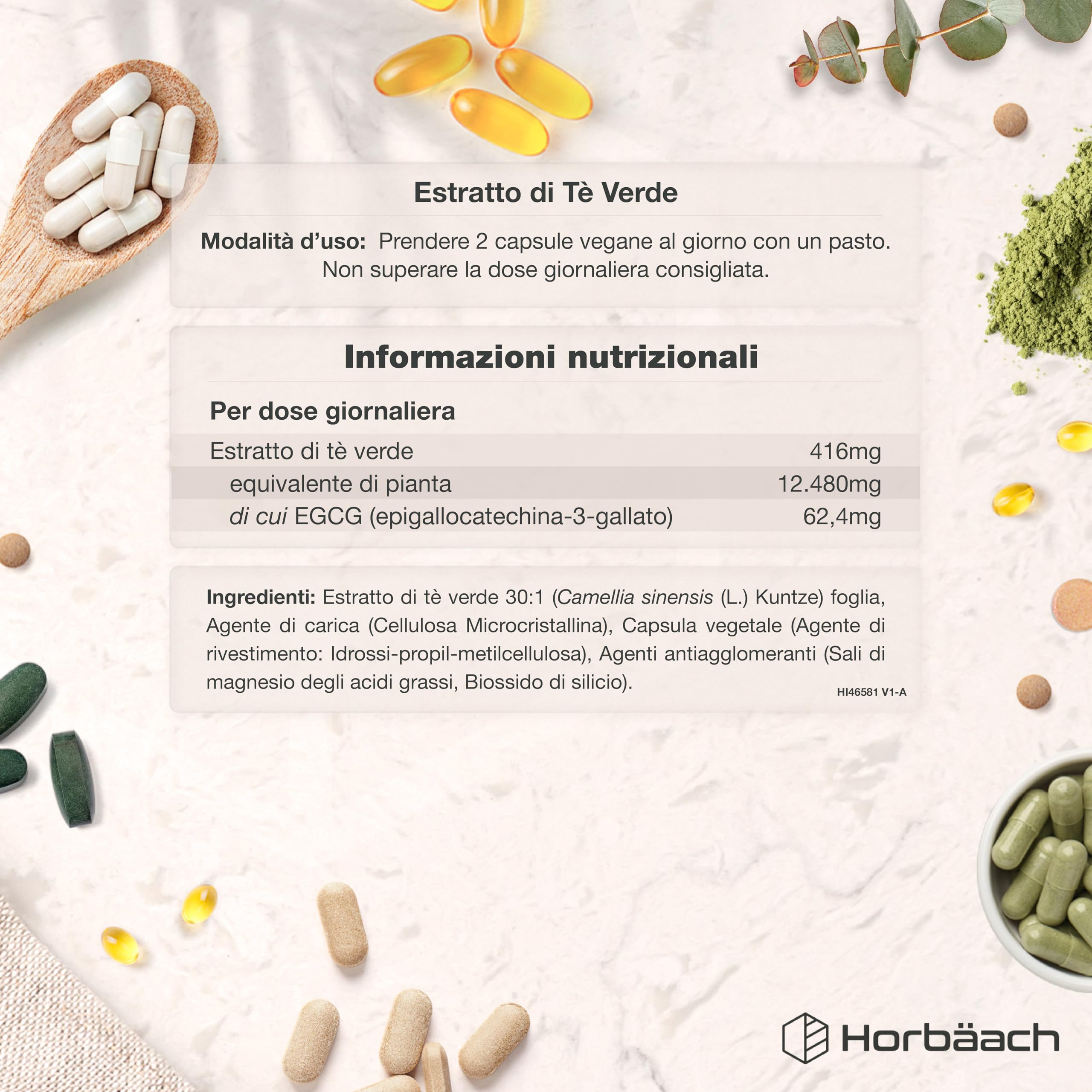 Tè Verde Capsule 12480mg | 120 Capsule Vegane | Estratto di Te Verde Integratore in Polvere | Alto Dosaggio | Green Tea Extract | di Horbaach