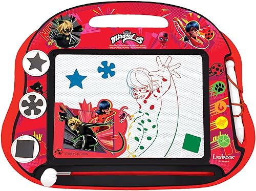 LEXiBOOK, Miraculous Ladybug Cat Noir, tablero de dibujo magnético mágico multicolor, juguete creativo artístico para niñas y niños, lápiz