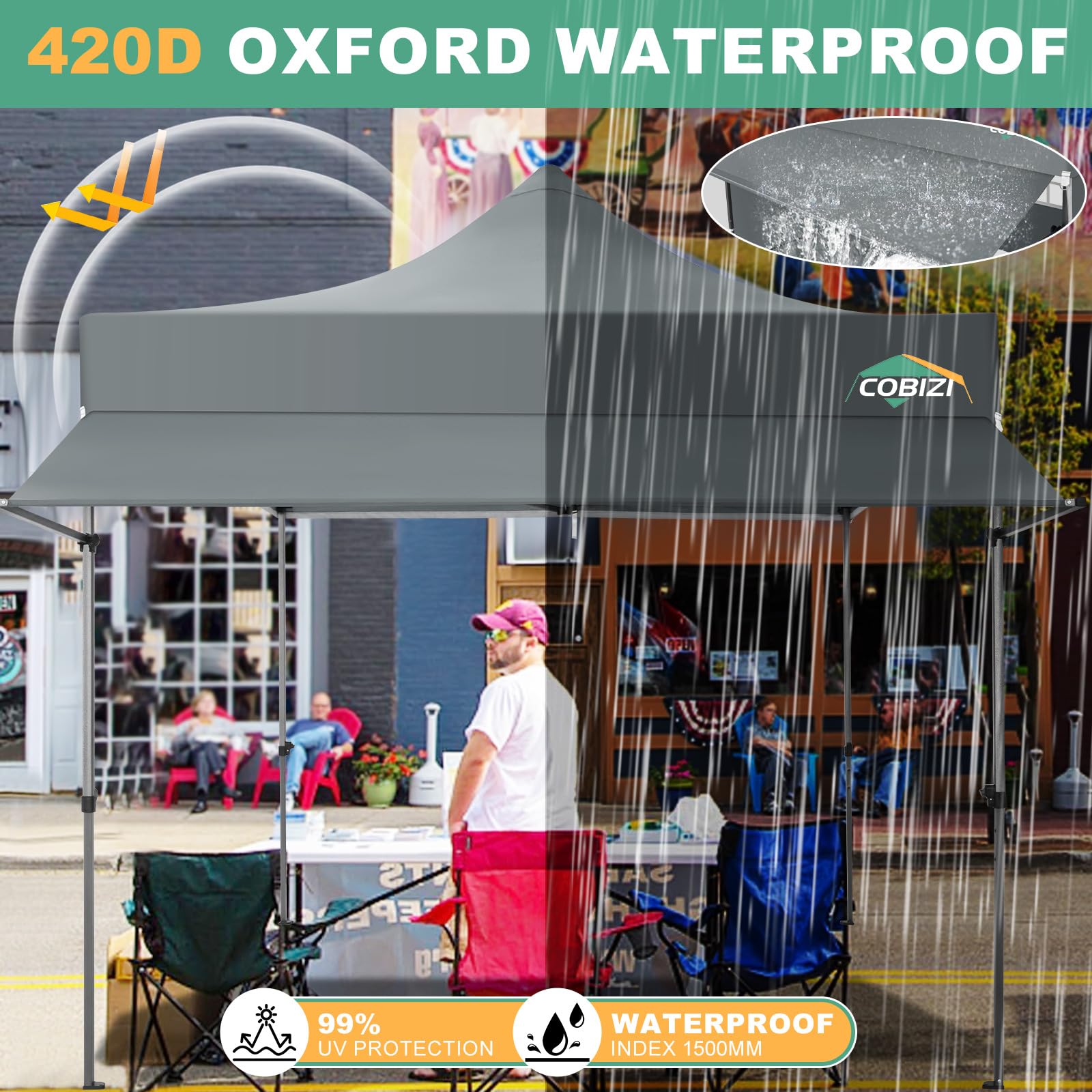 COBIZI - Tienda con Dosel Pop-up de 3 x 3 m con toldo y Paredes Laterales, Carpas comerciales de 3 x 3 m, Impermeable instantánea, Parasol UPF 50+, para Exteriores, Fiestas, mercados (Gris)