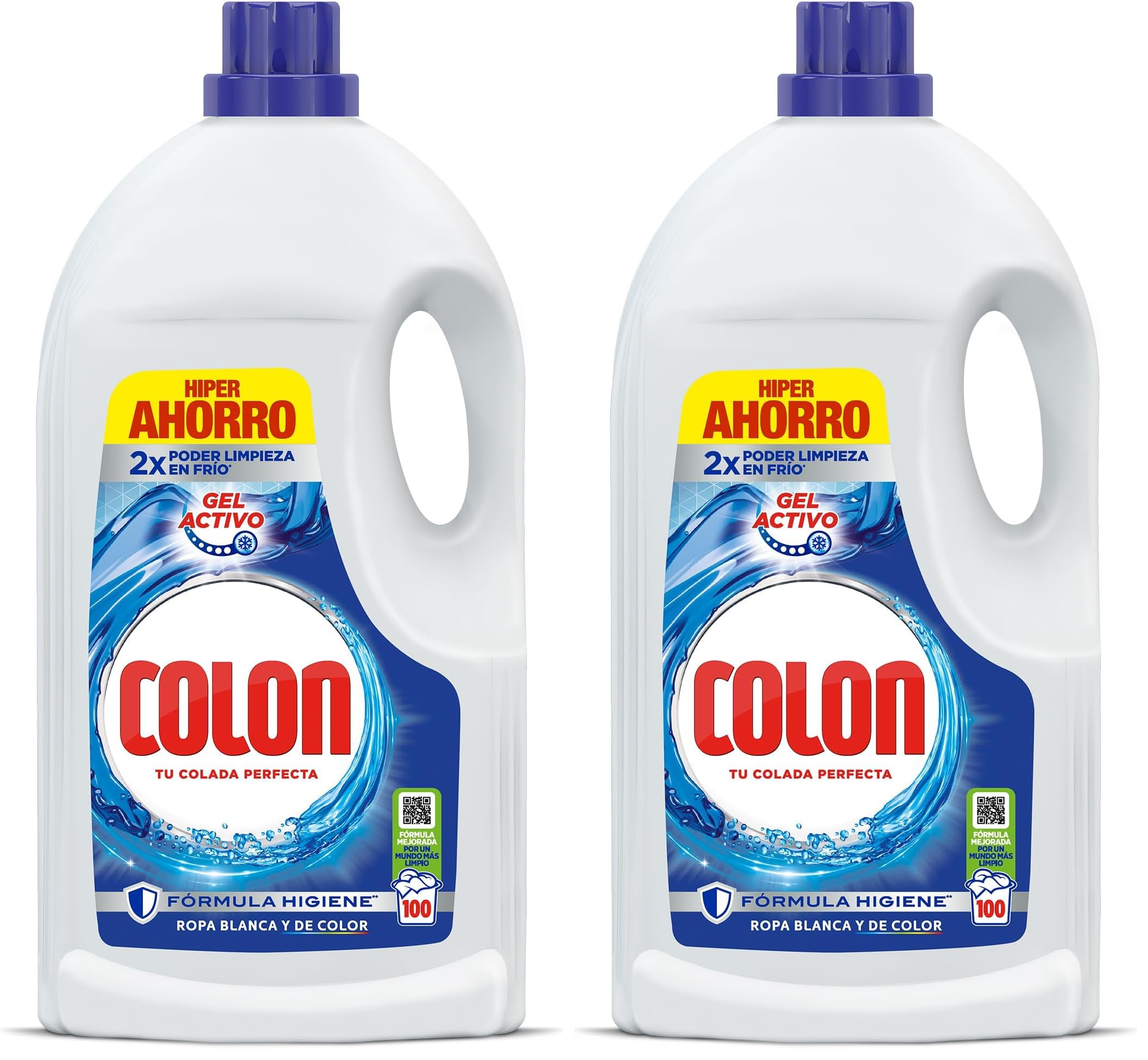 Colon Gel Activo Detergente líquido para lavadora, 100 Dosis : 5 meses y medio de Limpieza y Frescor (Paquete de 2)