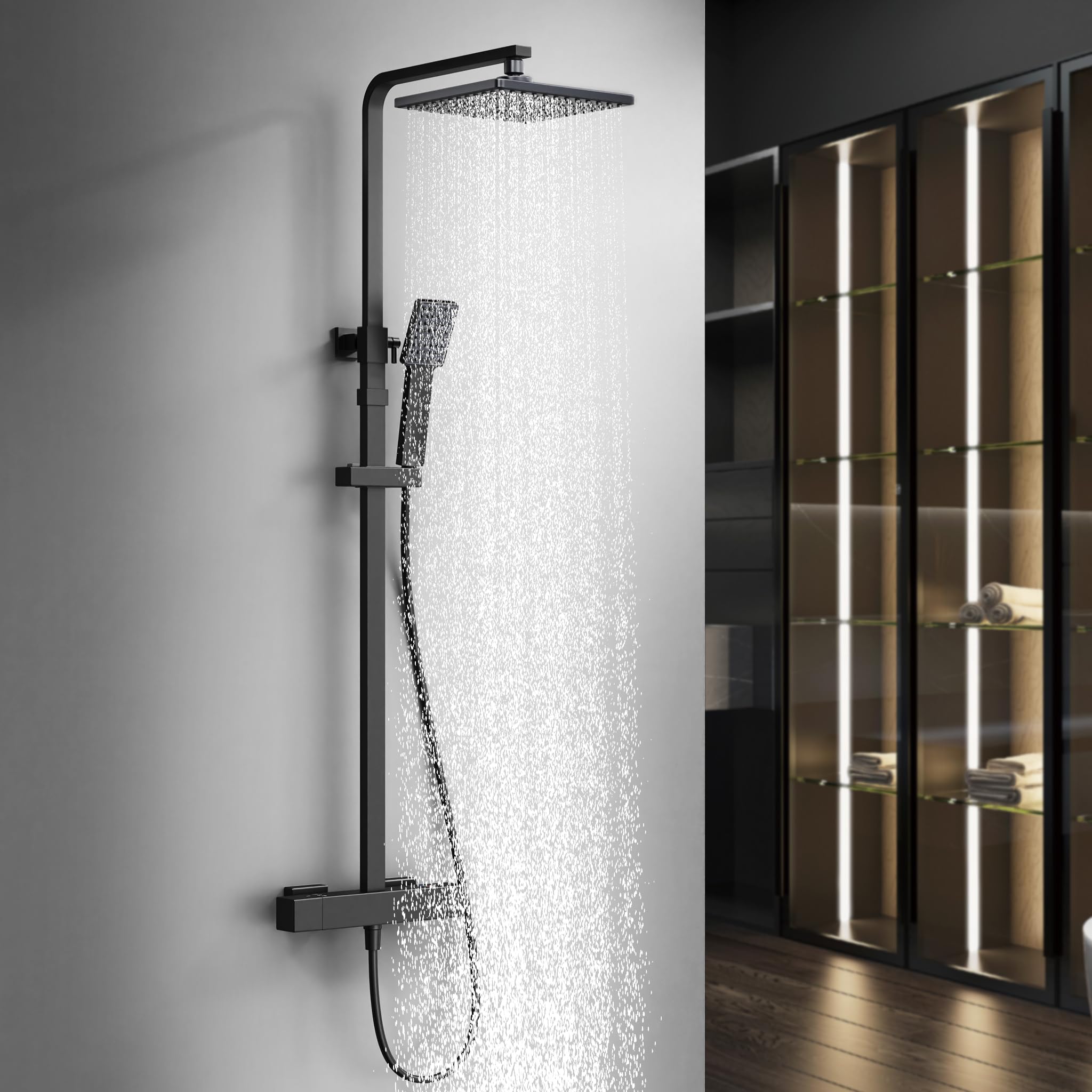 HOMELODY Duschsystem Schwarz - Regendusche Mit Verstellbarer Säule