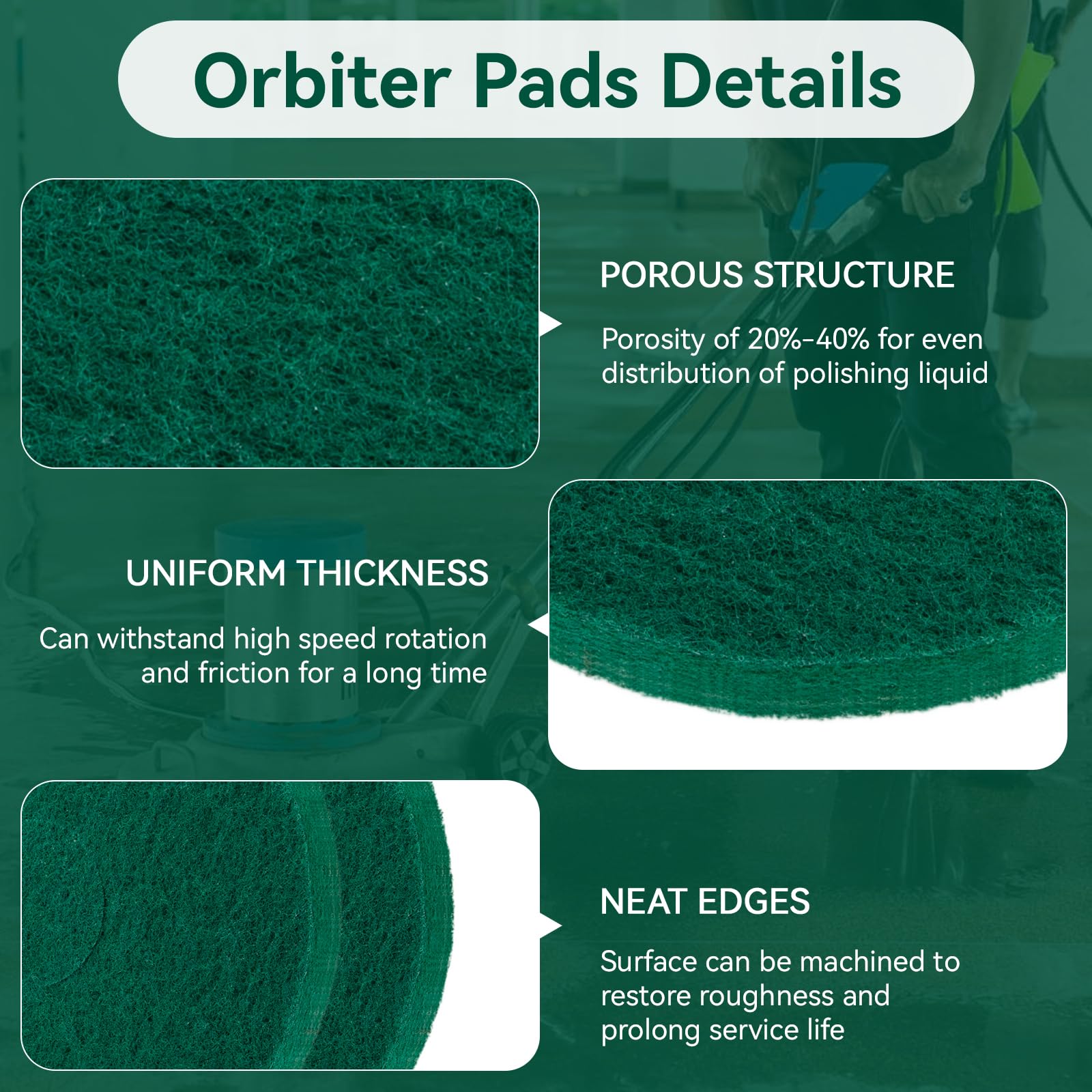 Almohadillas orbitadoras de limpieza 437.056 para máquina de piso Oreck 550MC, almohadilla de fregado verde comercial de 12 pulgadas, almohadillas de amortiguación orbitales para azulejos, madera dura