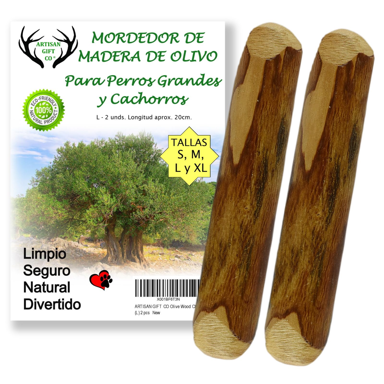ARTISAN GIFT CO Mordedor, Palo de Madera de Olivo, Juguete para Perros (L - 20cm) 2 unds
