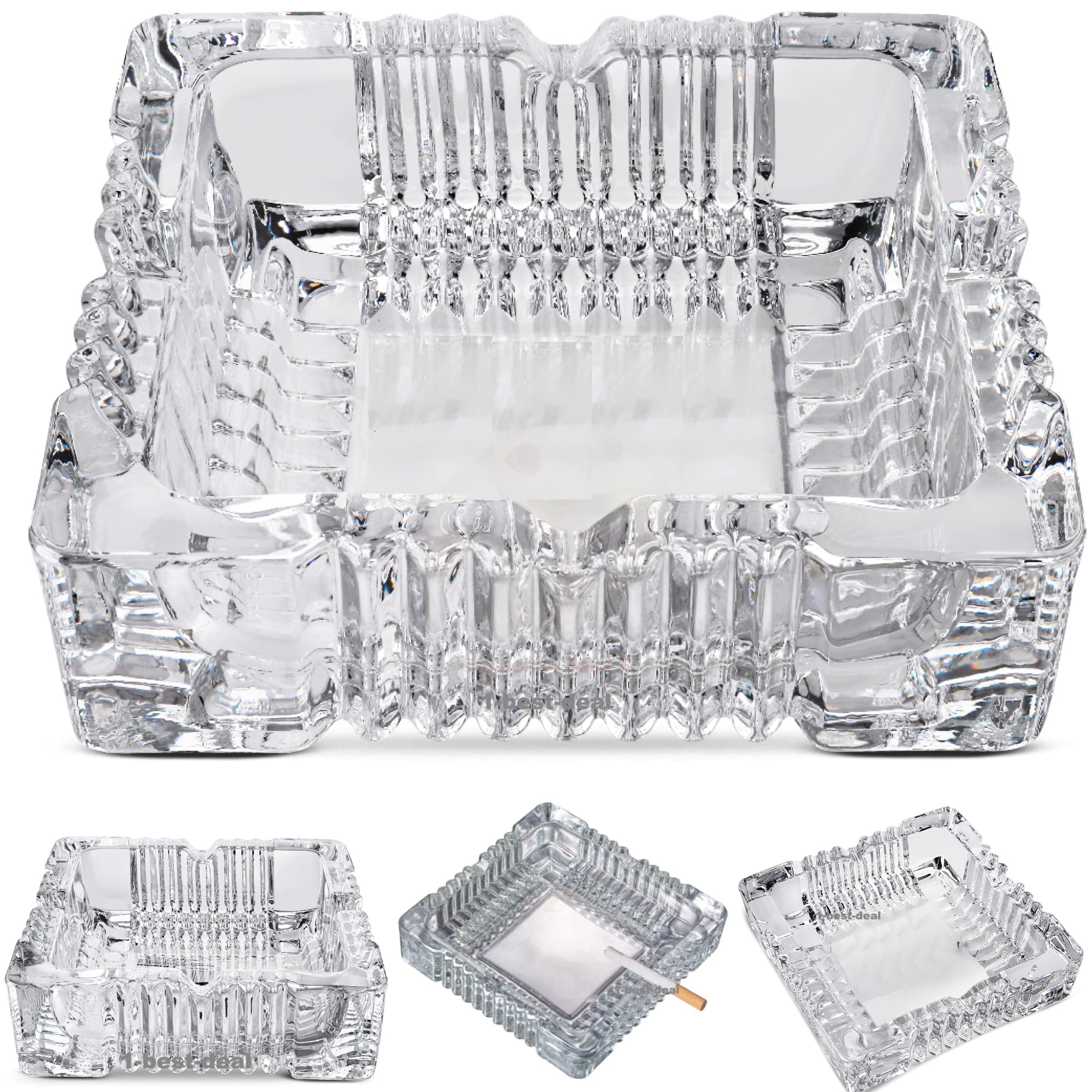 Crystal Glass Ashtray Decor Square Transparent for Home Indoor and Outdoor Living Room Office Bar Indoor Patio Garden Restaurant Decorative Tabletop Ashtray for Cigars Cigarettes Gift