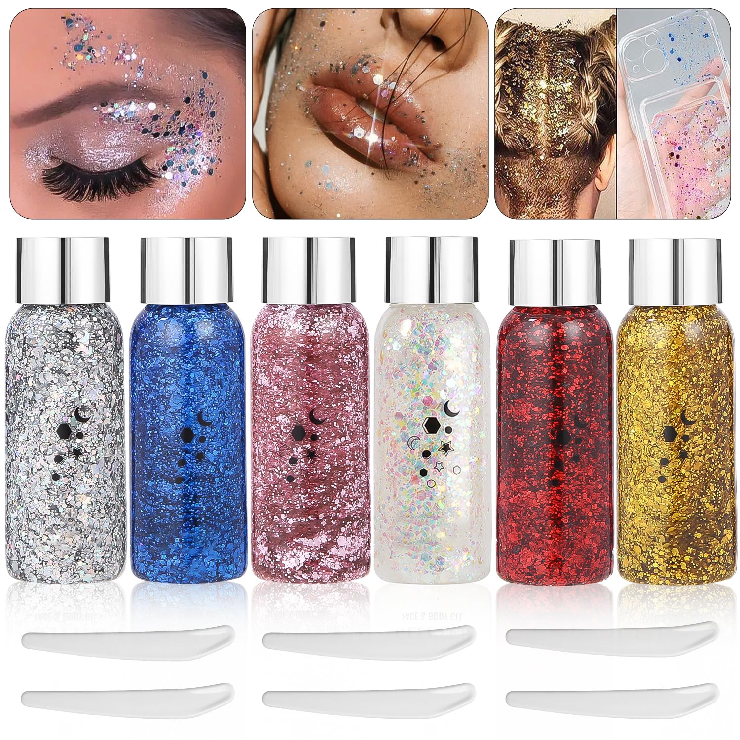 Toaren 6 Piezas Gel de Purpurina Chunky Glitter Gel Body Glitter Gel Lentejuelas de Sirena para Cara, Cuerpo,Cabello,Uñas, Brillo Líquido Sombra de Ojos para Maquillaje Festival cara y Pelo Maquillaje