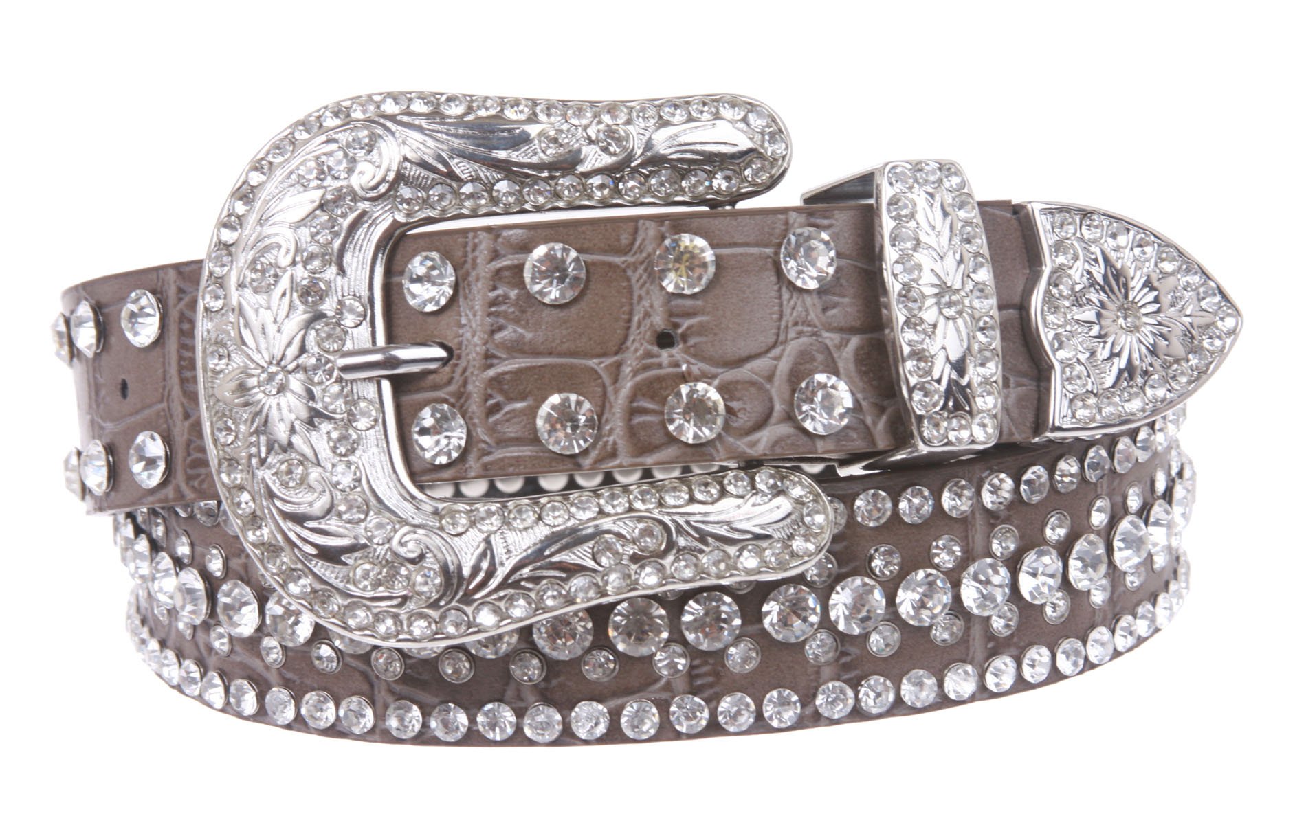 Snap On Western Faux Crocodile Print Rhinestone Leather Belt, Grey | S - 30