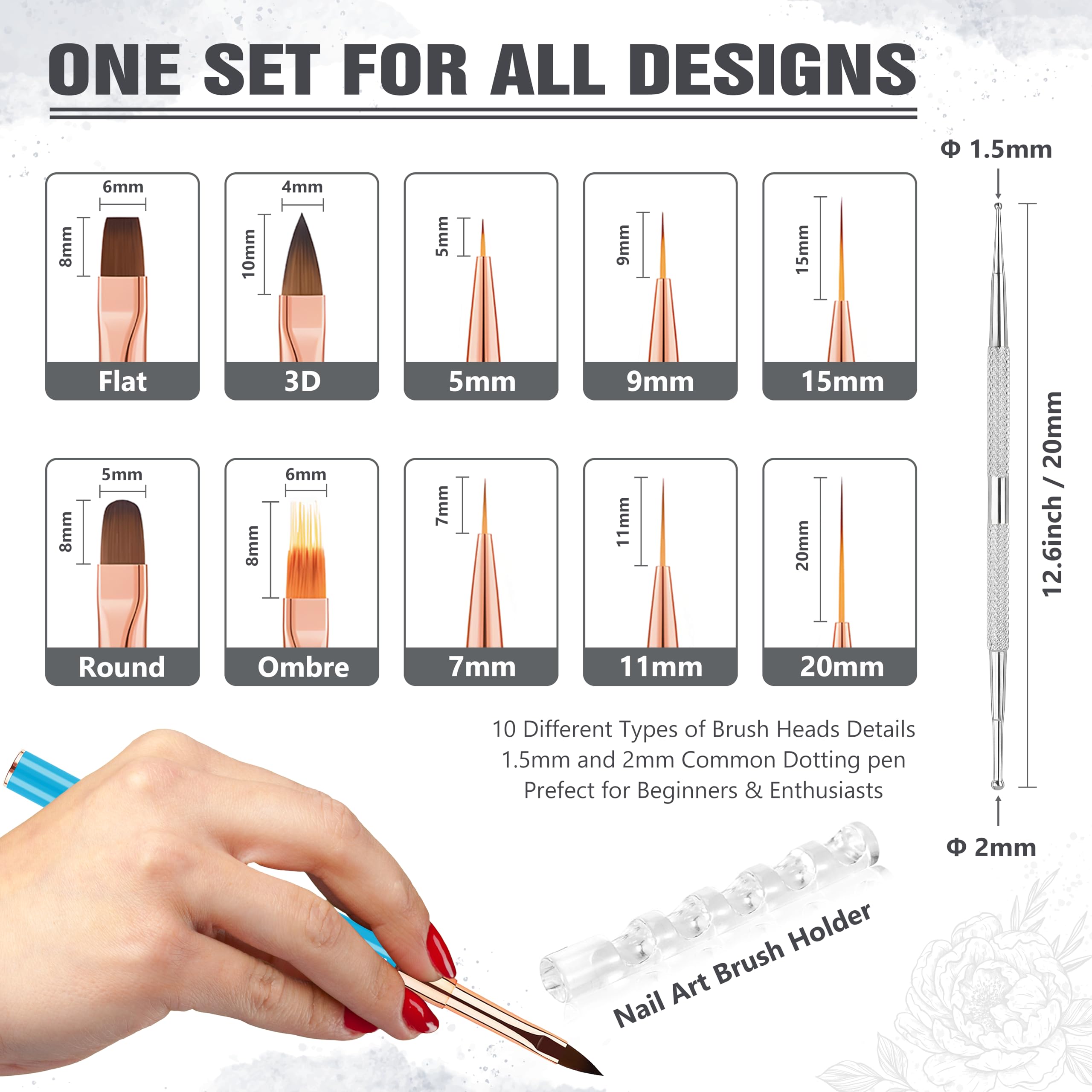 Nagelkunst-Pinsel für Nagelkunst, professionelles 5-teiliges doppelseitiges Acryl-Nagelpinsel-Set für Details, lange Linien, Ombre- und 3D-Design, perfekt für DIY-Maniküre und Salons (blau)