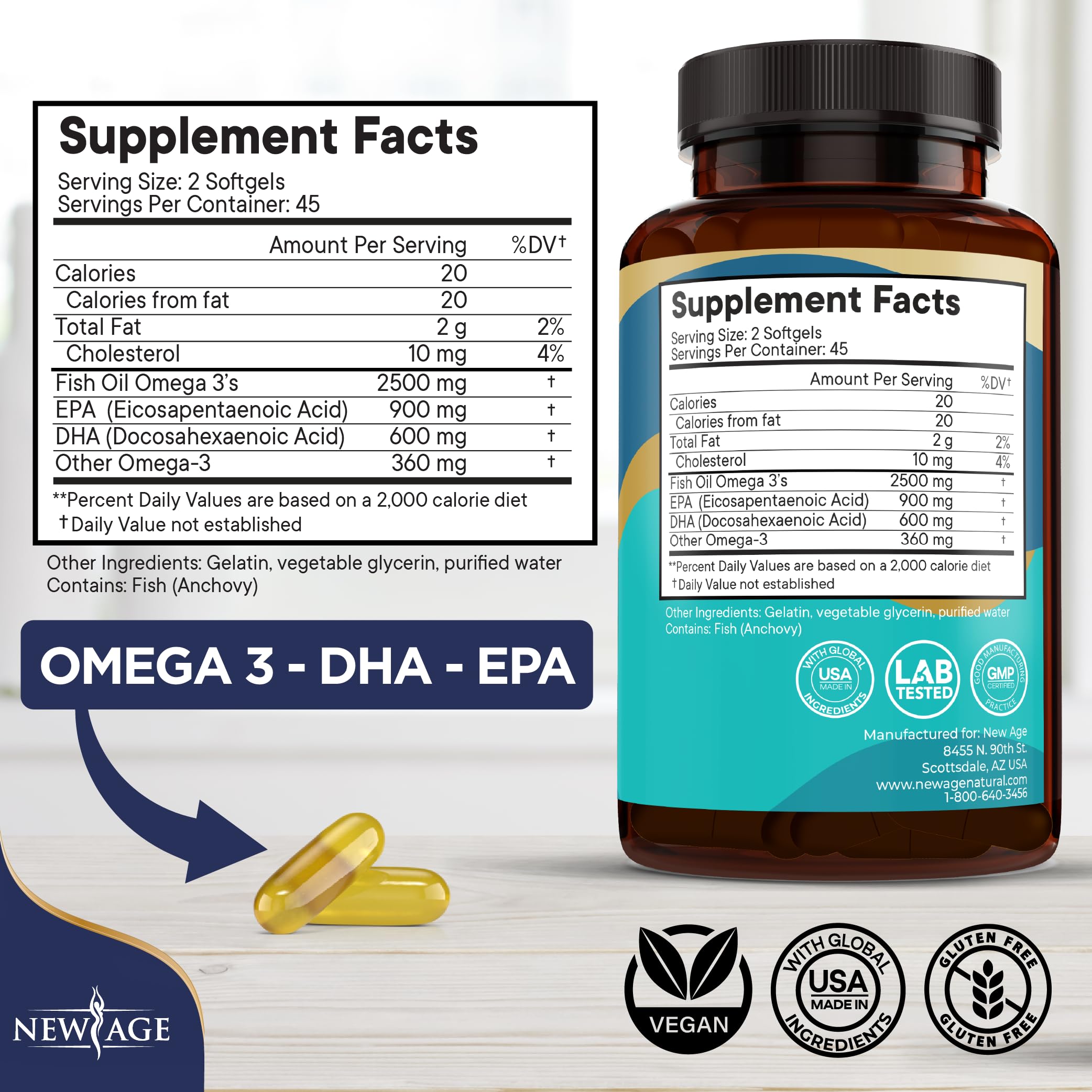 NEW AGE Omega 3 Fish Oil 2500mg Supplement Non GMO - EPA, DHA Fatty Acids Gluten Free (180 Softgels (Pack of 2)) — Amazon image 2