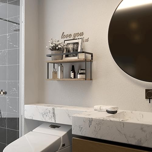 Miniatura 7 de RICHER HOUSE Estantes flotantes de doble nivel, estante de madera rústica montado en la pared, estante de almacenamiento de papel higiénico para