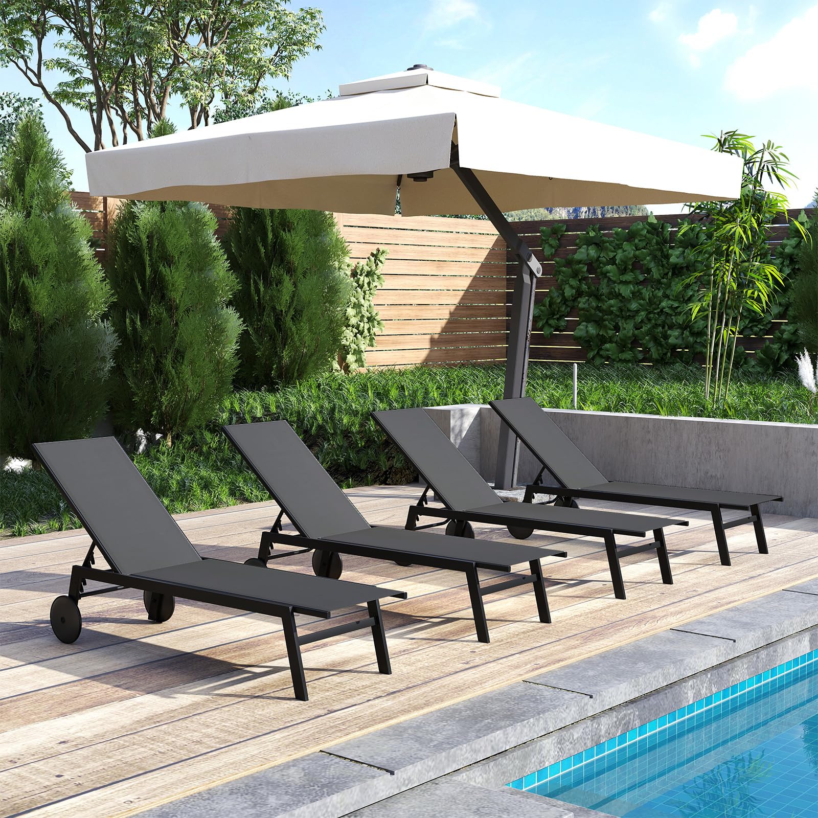 FANTASK Sonnenliege mit Rollen, Liegestuhl mit 6-Fach Verstellbarer Rückenlehne, Gartenliege aus schnelltrocknendem Stoff, Strandliege bis 150kg belastbar für Garten, Balkon (Grau, 1 Liegen)