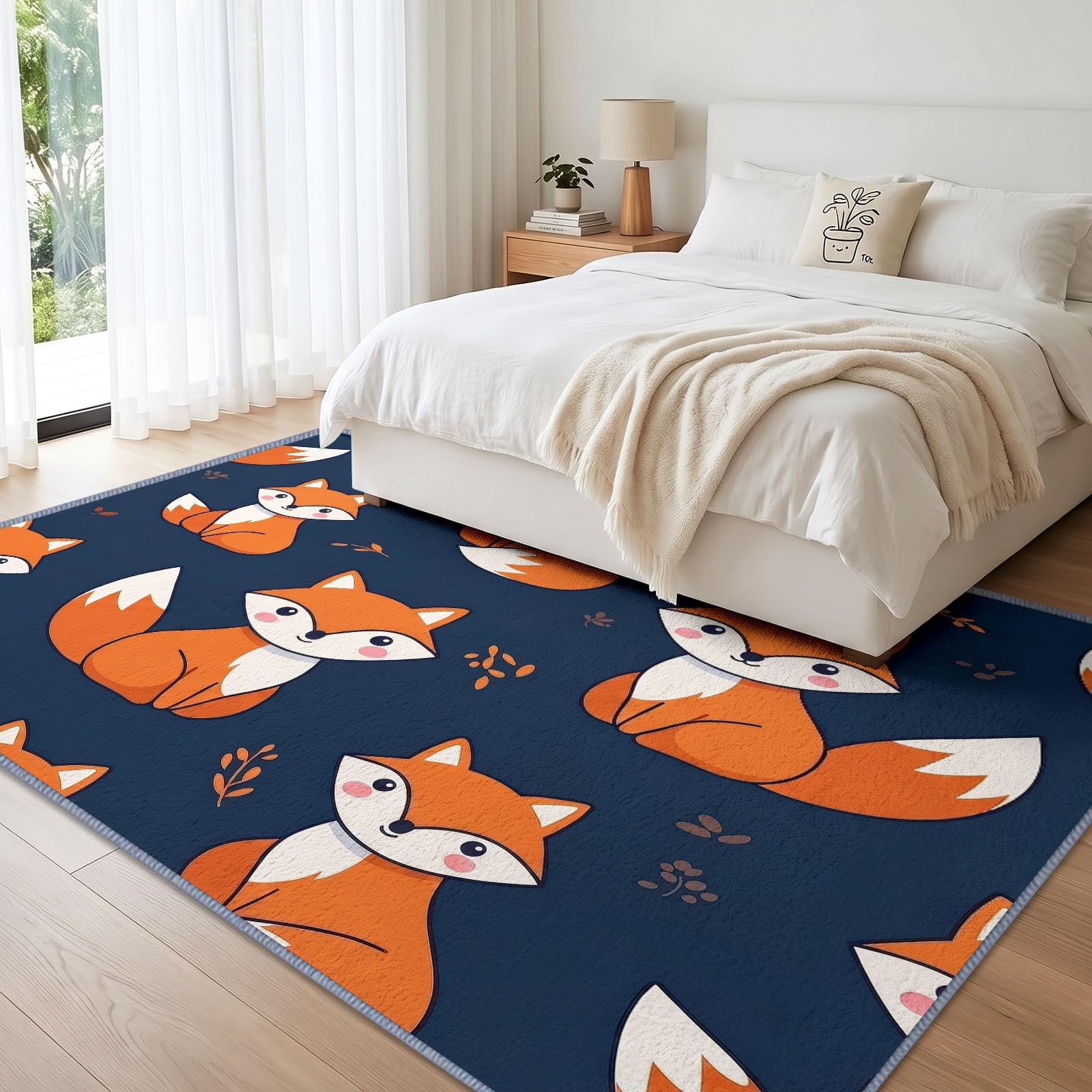 Scandinave Pastoral Tapis Salon 160 x 230 cm, Lavable Animal Renard Roux Feuilles Mortes Tapis à Faible Poil Chambre à Coucher Antidérapant pour Salle à Manger Chambre d'enfants Bureau à Domicile