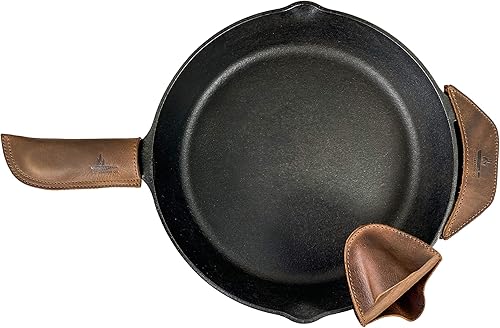 Miniatura 4 de Juego de 3 soportes rústicos con mango caliente, manopla lateral y agarre, agarre de asistencia para sartenes y sartenes de hierro fundido, cuero de