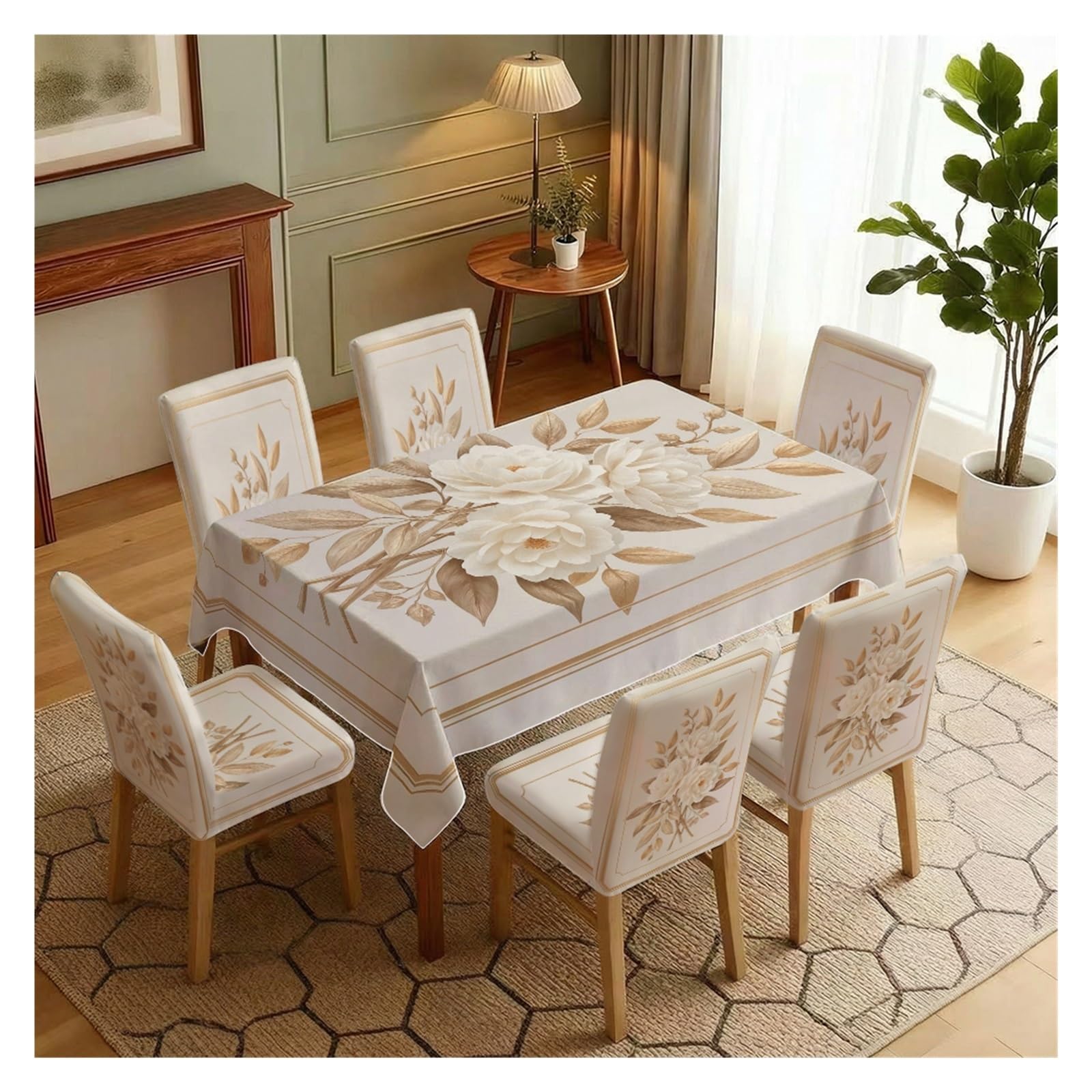 KXUAUV Neutral Tone Rose Print Stretch Dining Chair Covers & Tablecloth Set, 5/7 Pack Party Decor(7pcs Set: Tablecloth+Chair Covers)
