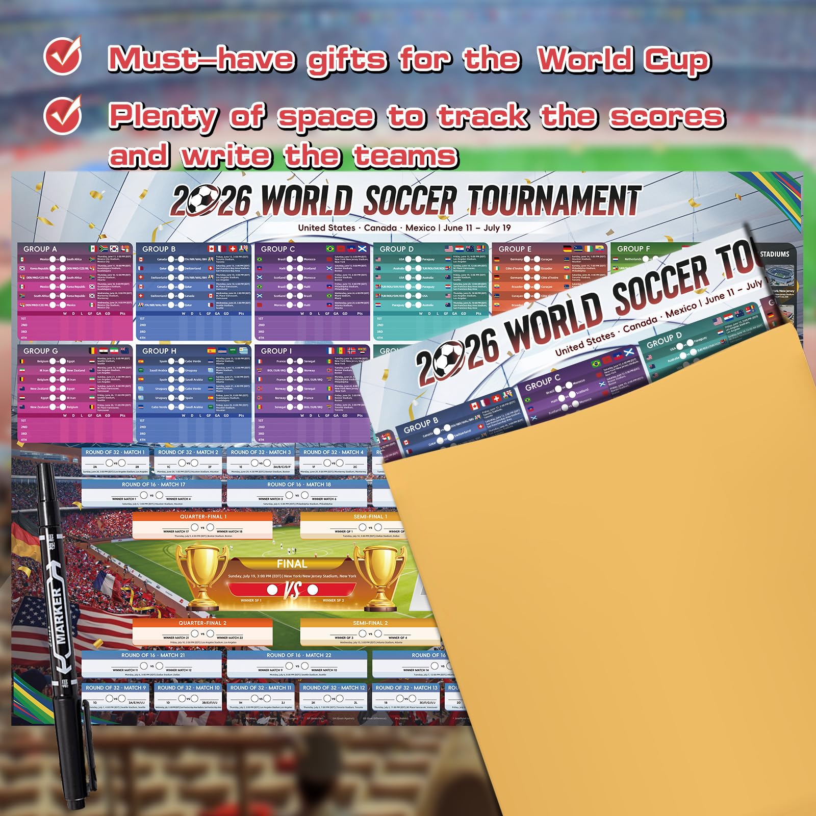 AhfuLife Extra Large Soccer Schedule Poster 2026, 39.4" x 27.6", 1 Pc Sports Calendar Wall Chart Decorations, Soccer Tournament Wallchart for Fans Home Office Bar Party Decor — view 7