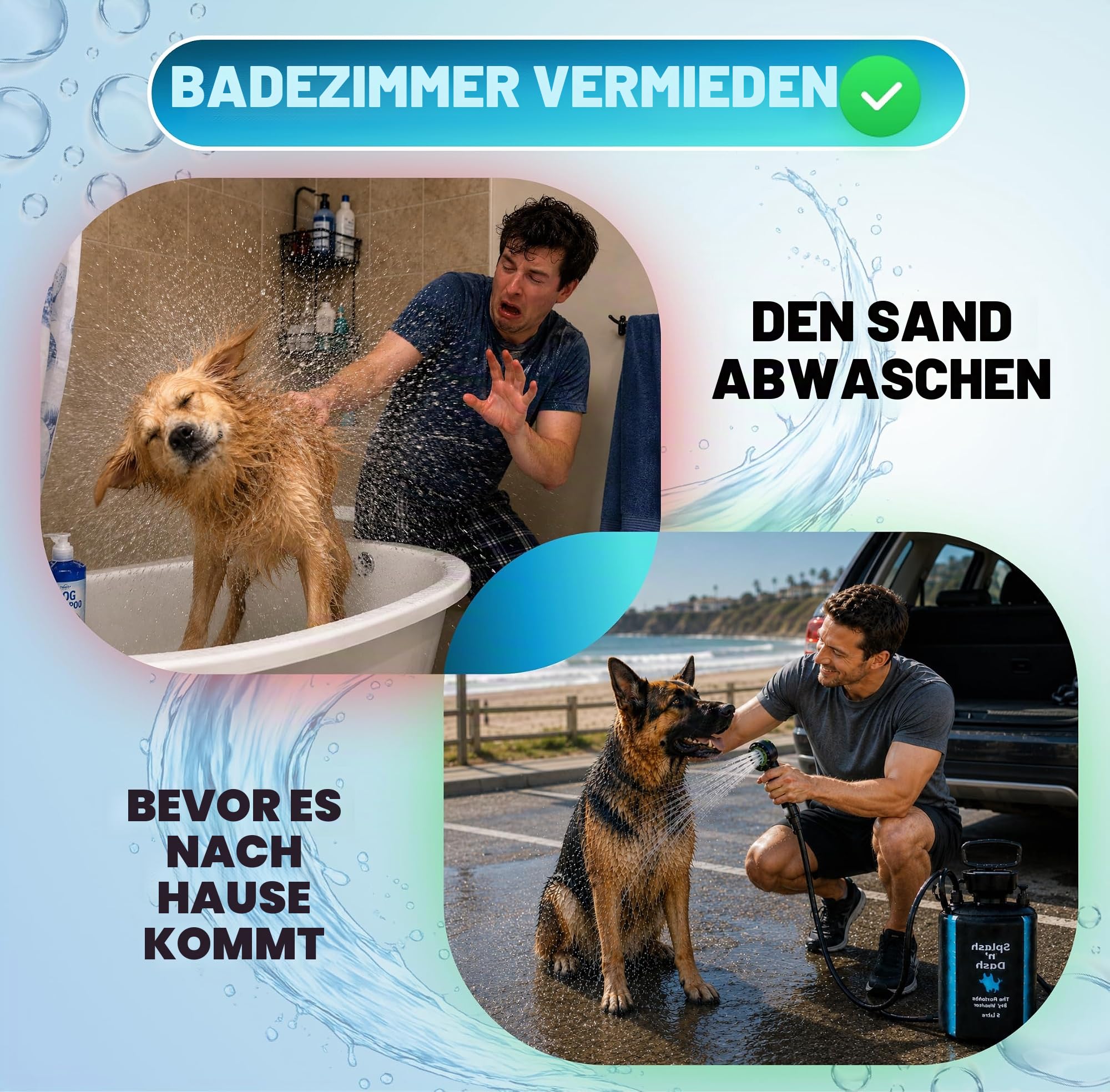 Splash n' Dash 5 Liter Tragbare Hundedusche - Manuelles Duschset mit Bürstenkopf & Neoprenmantel - Tragbare Hundewaschanlage für Zuhause, Reisen oder Outdoor