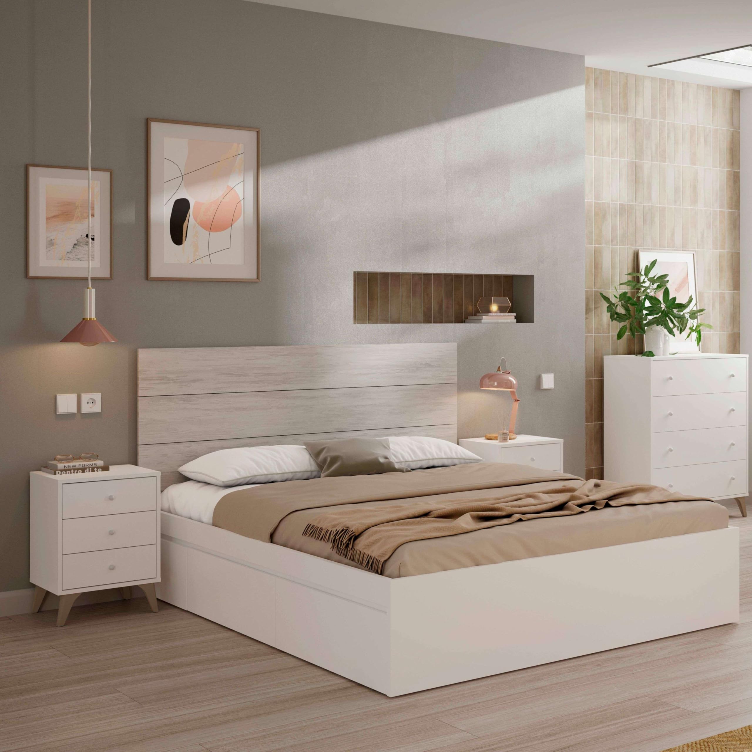 Habitdesign – Mesita de Noche con 3 Cajones y Patas, Color Blanco Artik, 56x40x33,5 cm – Modelo Sweet