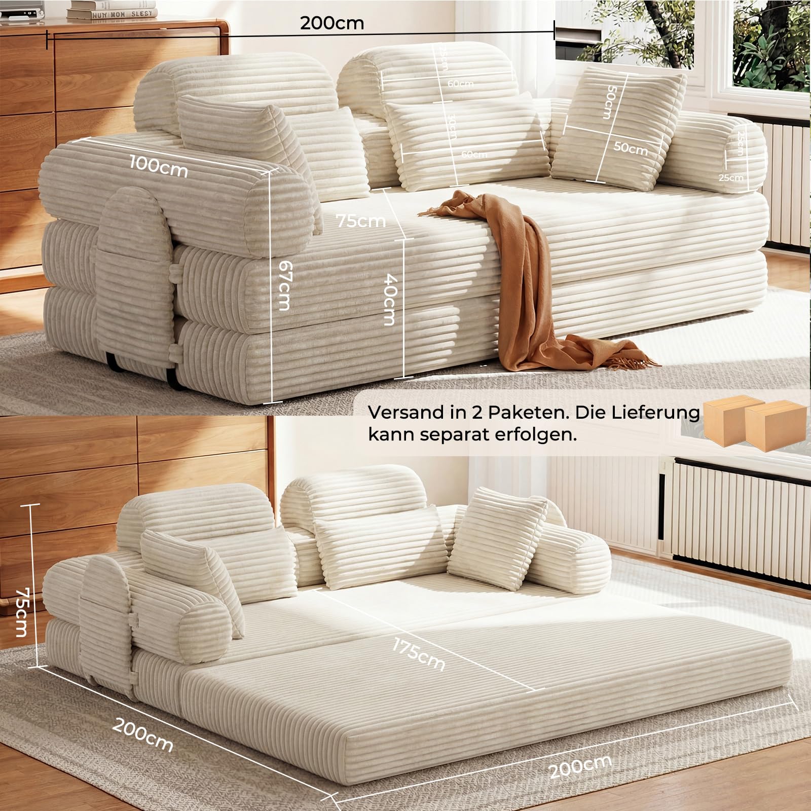 HOMRELEXA Schlafsofa 200cm Breit, Boneless Couch, Bodensofa Bed mit Hohe Rückenlehne, Abnehmbare Integrierte Kopf- und Lendenstütze, 2 Zierkissen, Seitentasche, Cord Sofa mit schlaffunktion, Beige