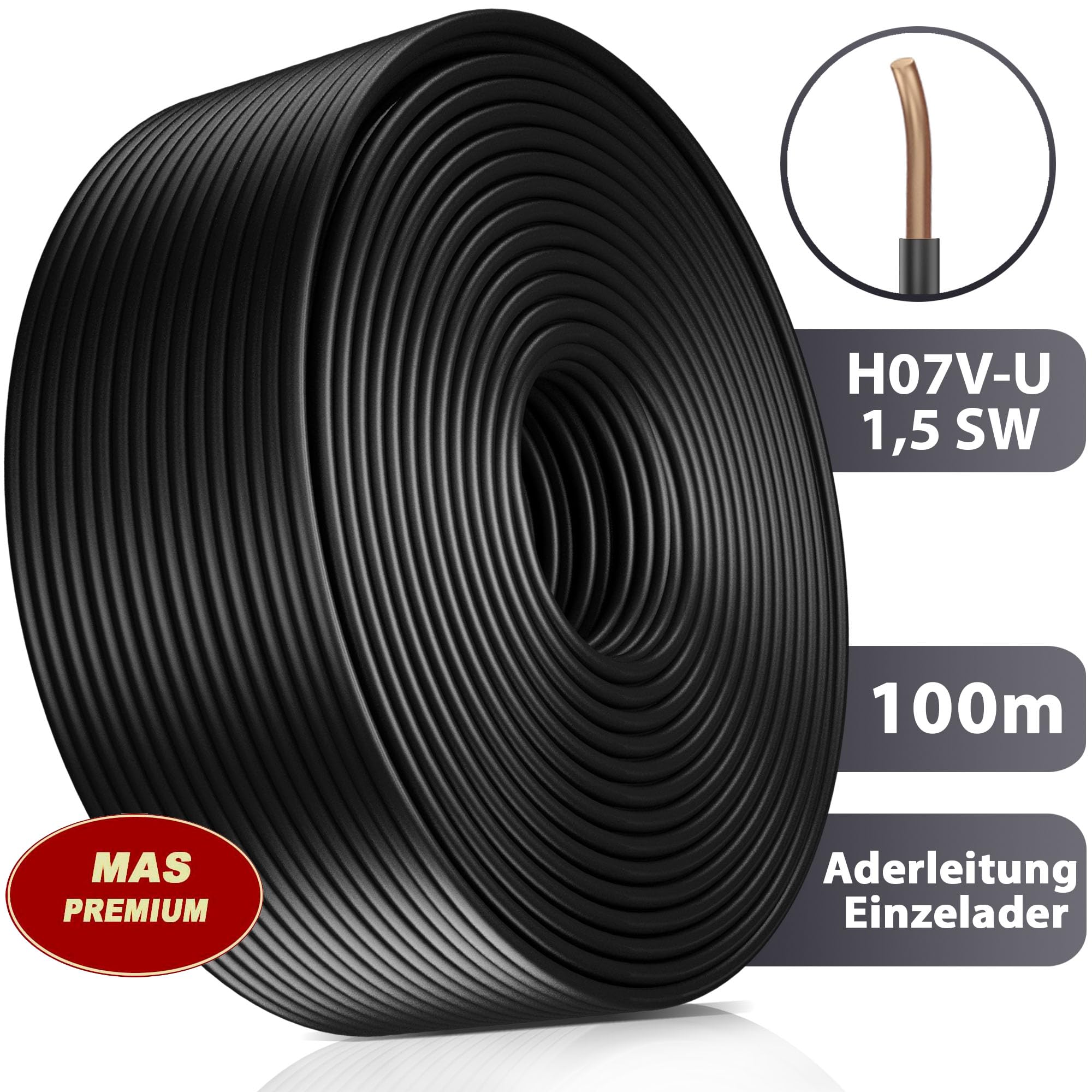 MAS Premium 5-100m Aderleitung Eindrähtig H07 V-U 1,5 2,5 Einzelader starr (H07 V-U 1,5 SW, 100m)