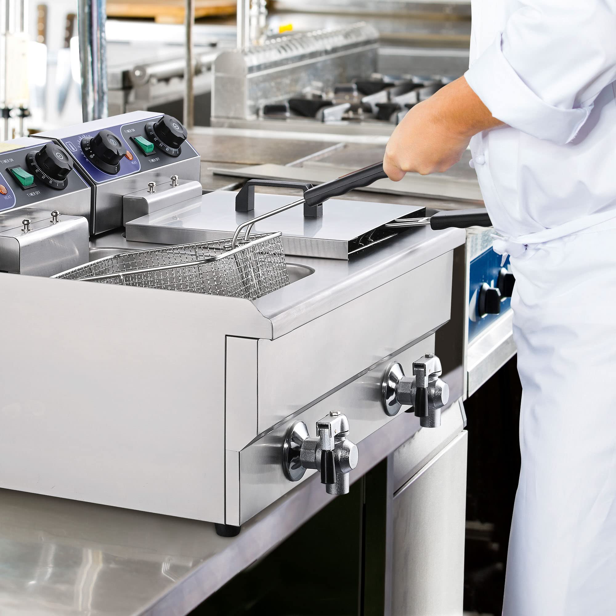 WeChef Commercial Electric Deep Fryer 23.4L 3000W Fryer w/Time Control and Oil Filtration Dual Removable Basket Stainless Steel Countertop Fryer for Commercial Restaurant Use