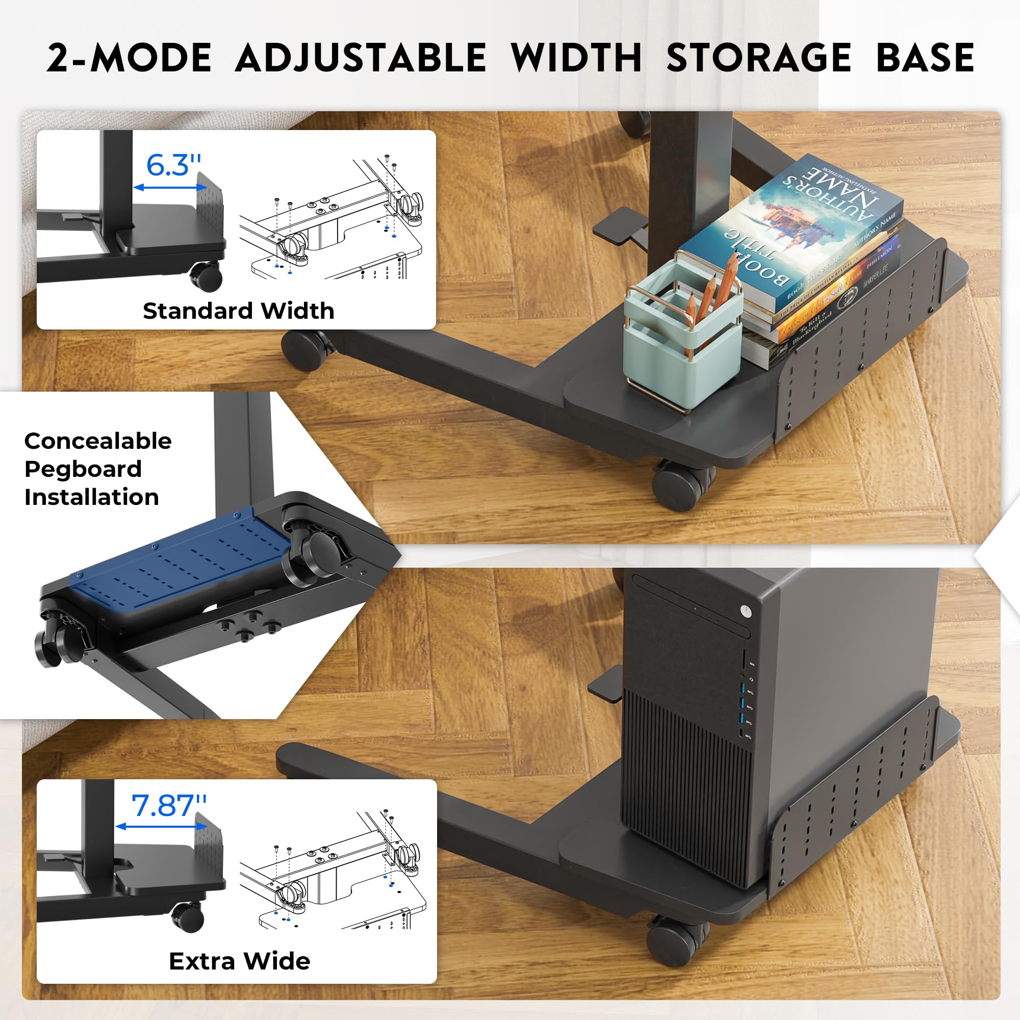 BONTEC Mobile Standing Desk Adjustable Height Rolling Laptop Cart with Storage Shelf Hooks Portable Workstation with Pneumatic Lift — view 5