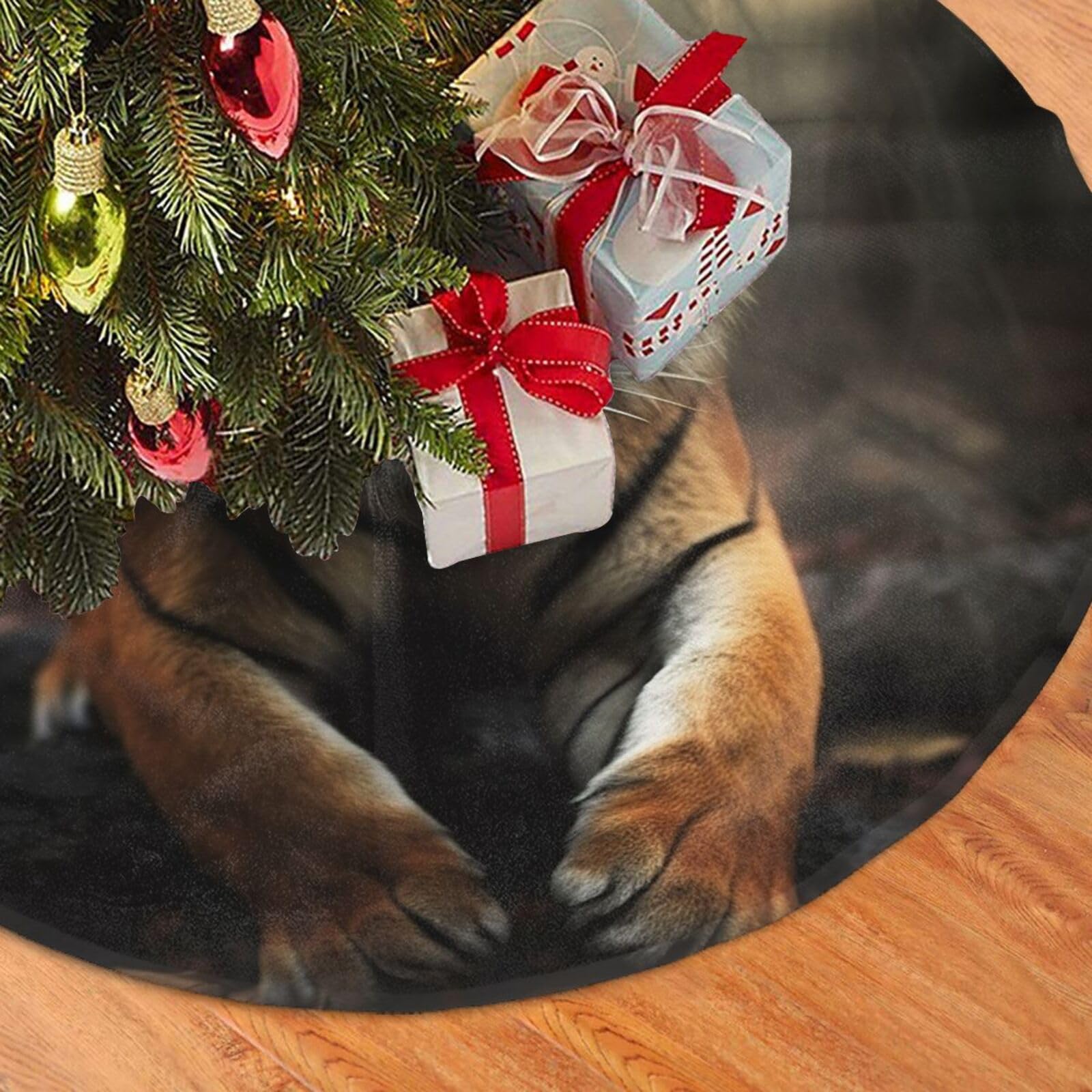 Fodpand Black Wild Animals Tiger Christmas Tree Skirt 48" Velvet Xmas Tree Skirt Mat Rustic Christmas Tree Mat Cover Winter Xmas Tree Collar For Indoor Outdoor Christmas Decorations