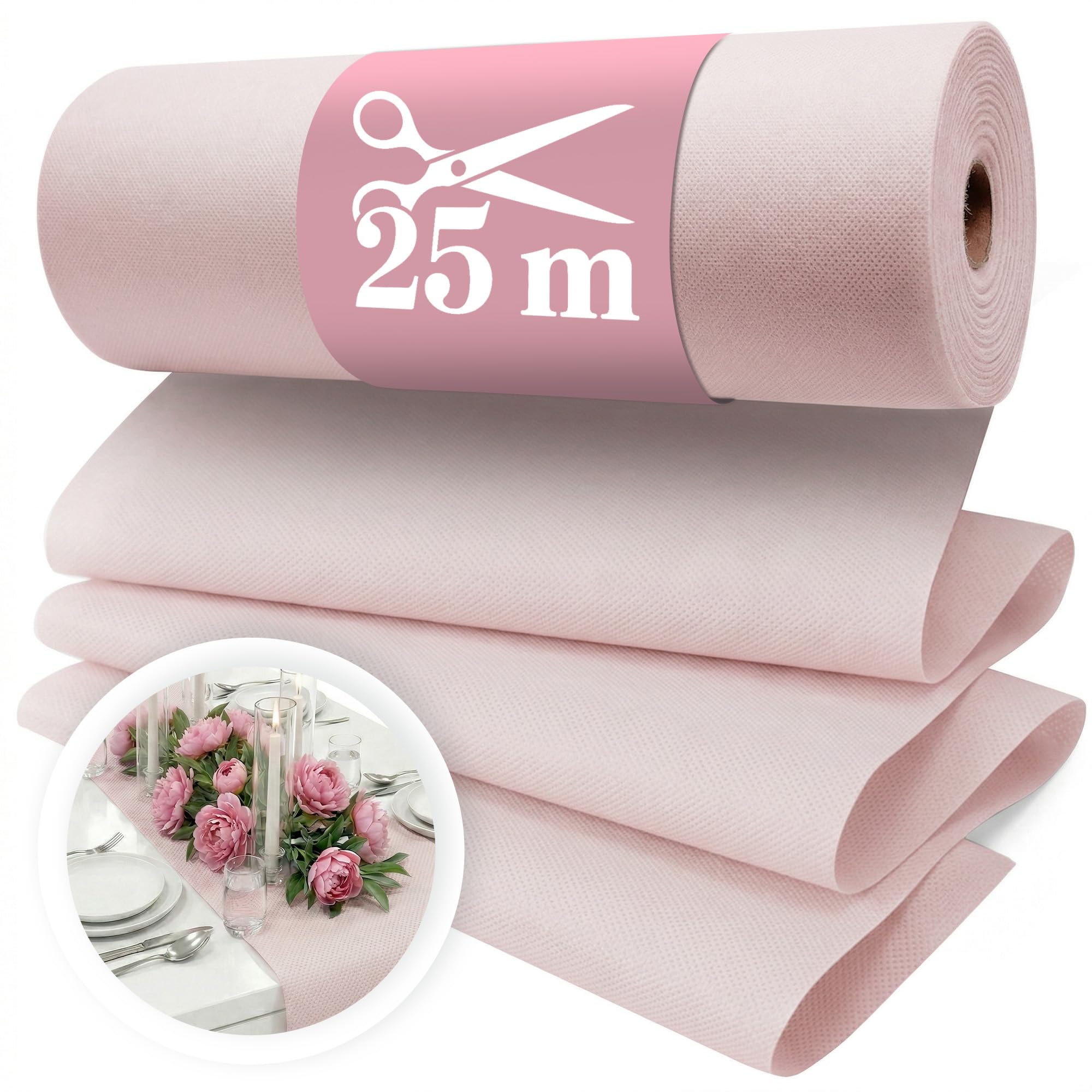 Vlies Tischläufer Rosé [30cm x 25m] - Einweg Tischband als edle Tischläufer Tischdeko für Hochzeit, Kommunion, Taufe, Geburtstag, Weihnachten und Biertisch Feste