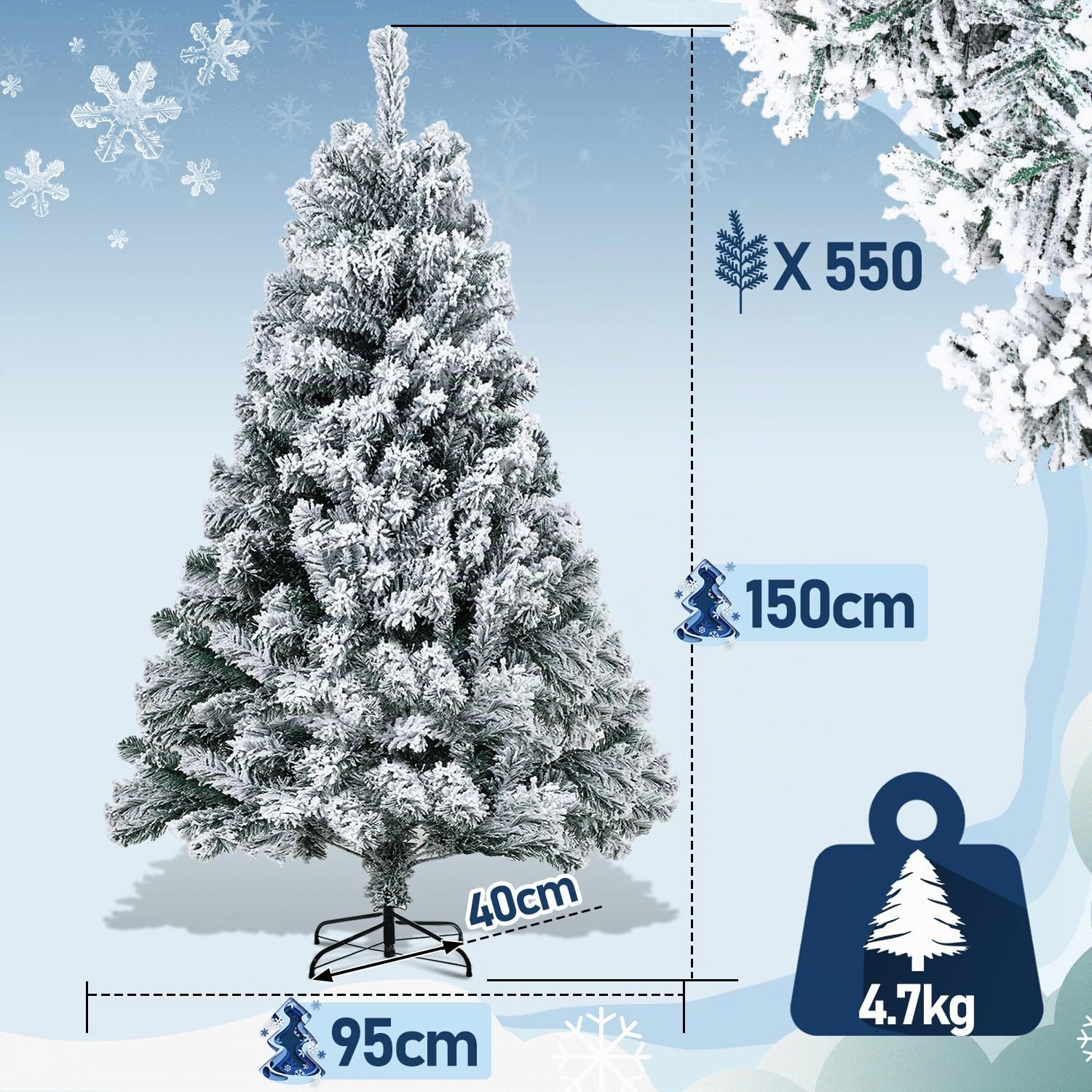 Künstlicher Weihnachtsbaum mit Schnee, 150cm Automatischer Tannenbaum Schnellaufbau Klappsystem, Christbaum mit Metallständer, 550 Spitzen dichte Zweige Christmas Tree