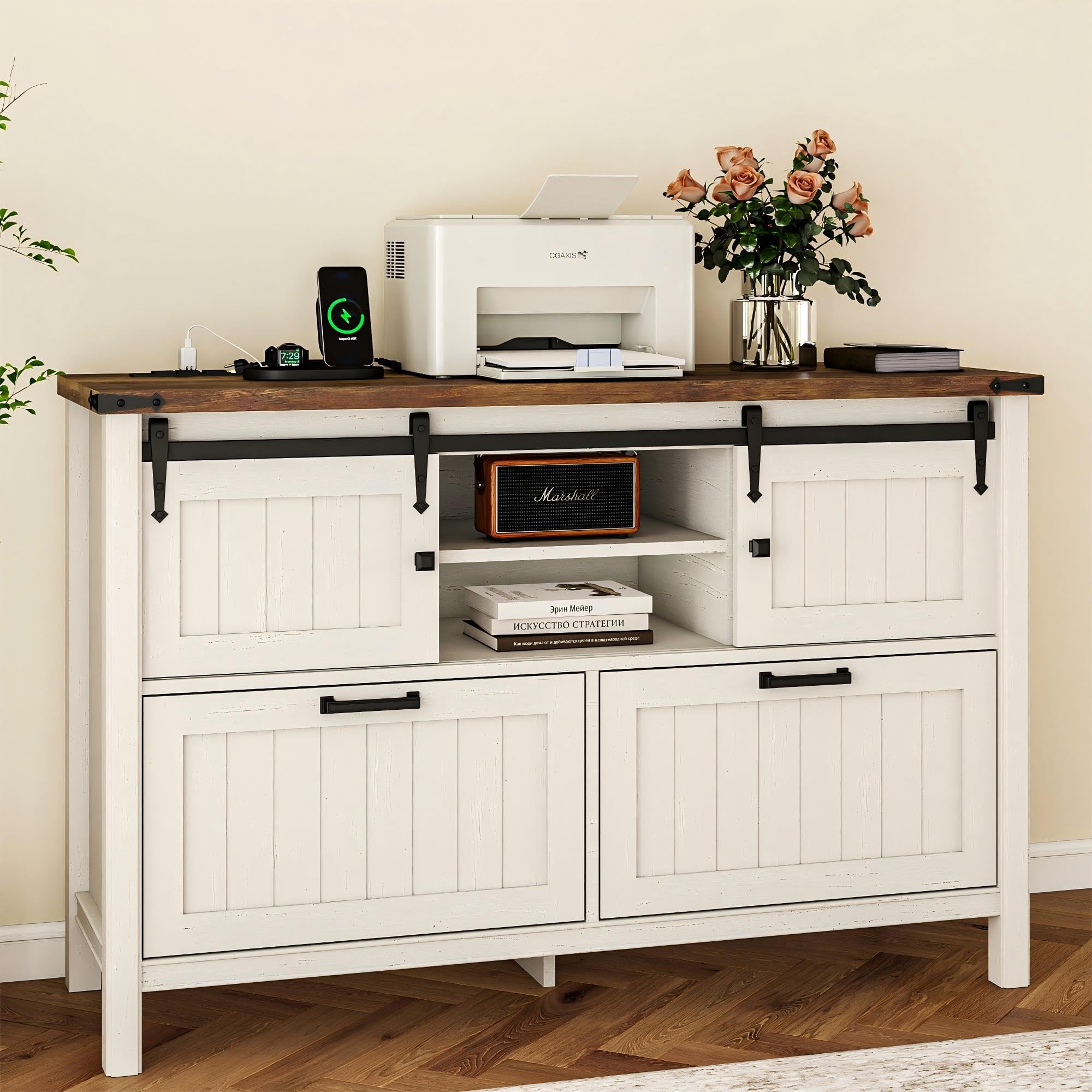 GlowVitaHome Lateral File Cabinet with Charging Station, Farmhouse Sliding Barn Doors & 2 Drawers, Antique White Printer Stand for Letter/A4/FC Hanging Folders
