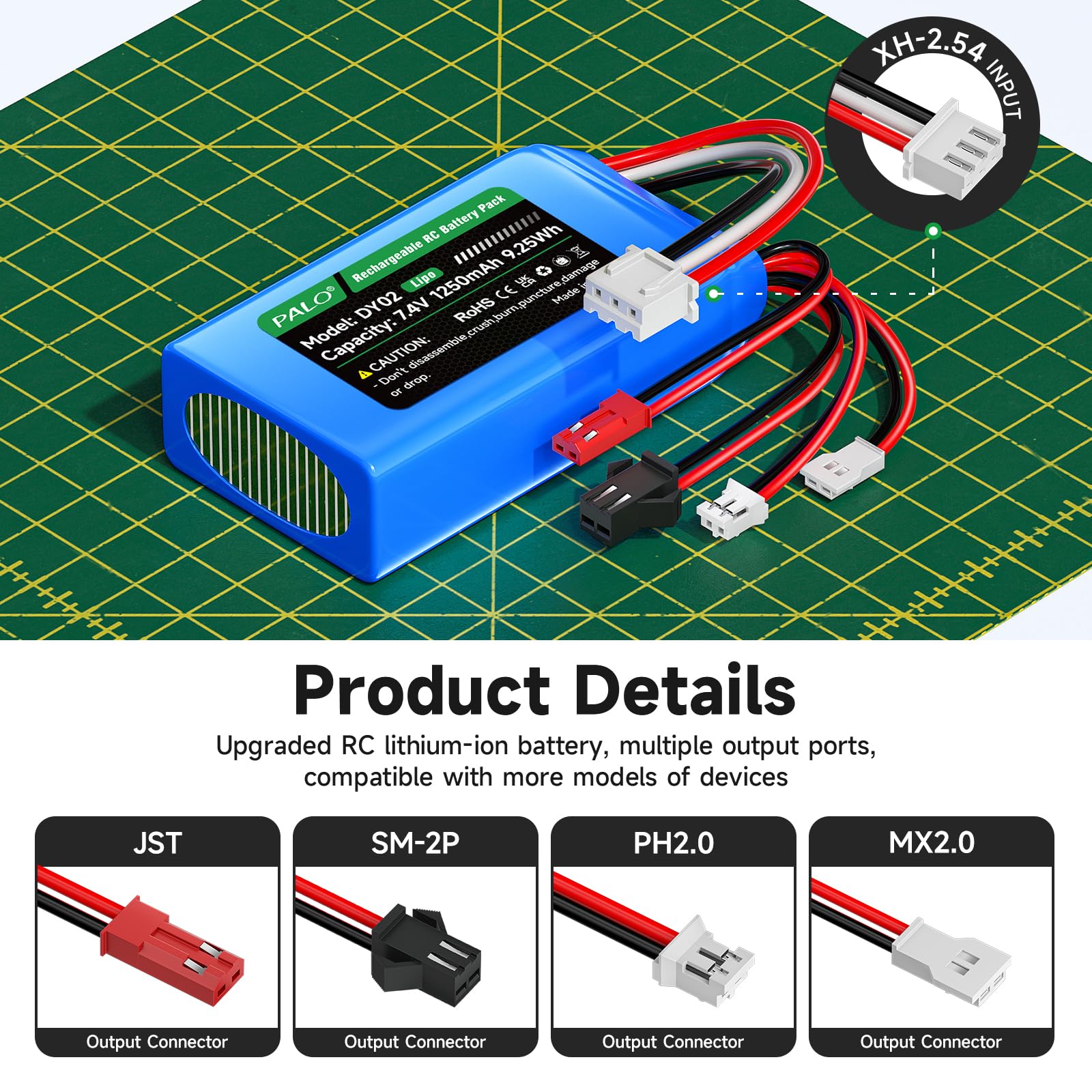 Batteria 7,4 V Lipo 1250 mAh PH2.0/JST/SM-2P/MX2.0 batteria 25C, Spina bilanciata XH2.54-3P & caricatore USB, per WLtoys RC Crawler SCX24 CR18P FCX18 FCX24, per RC Auto Boat Aereo, 2 pezzi