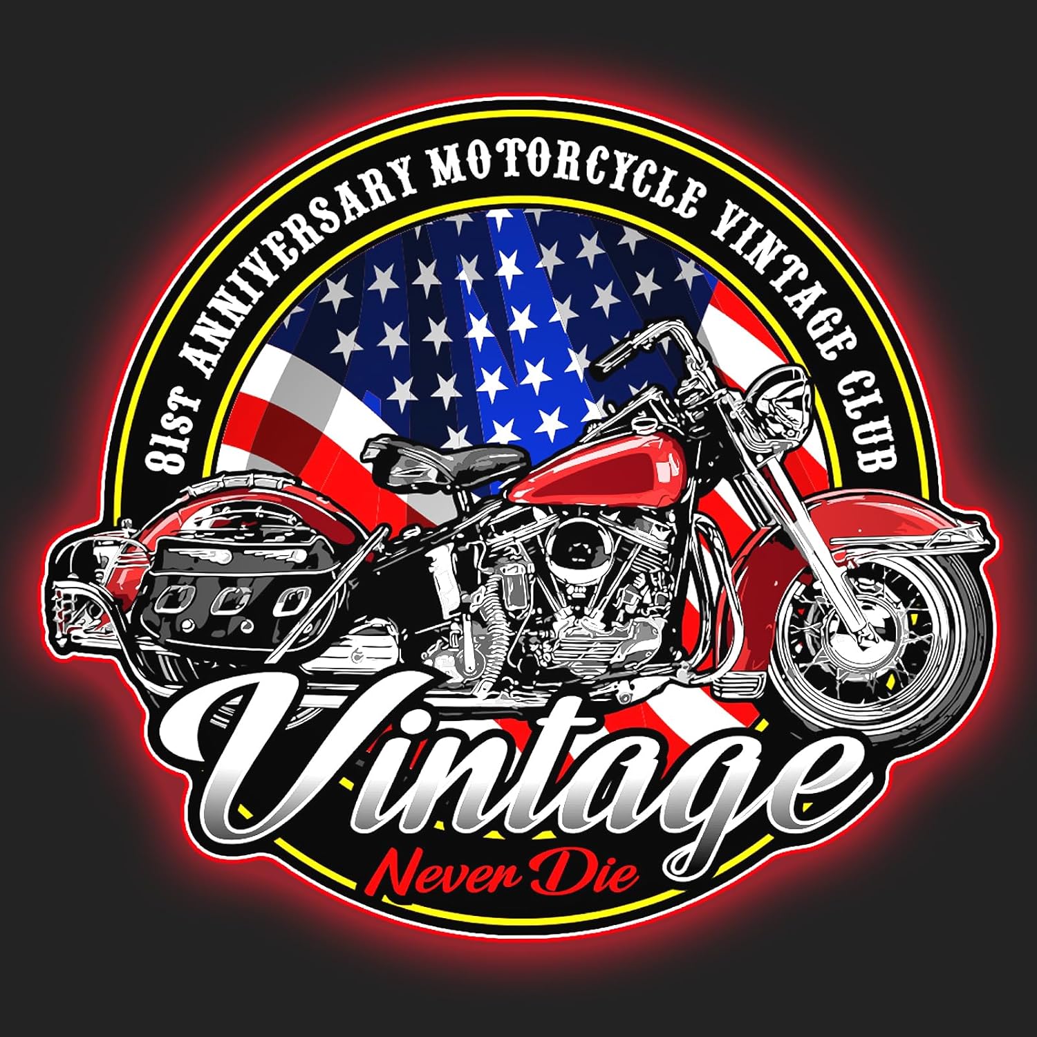 Motorcycle Neon sign, Retro Signs with 3D Texture Design, 14.76''×12.99'', Motorcycle and American flag design, Wall Decor for Man Cave/Living Room/Home Office/Bar/Garage/Club