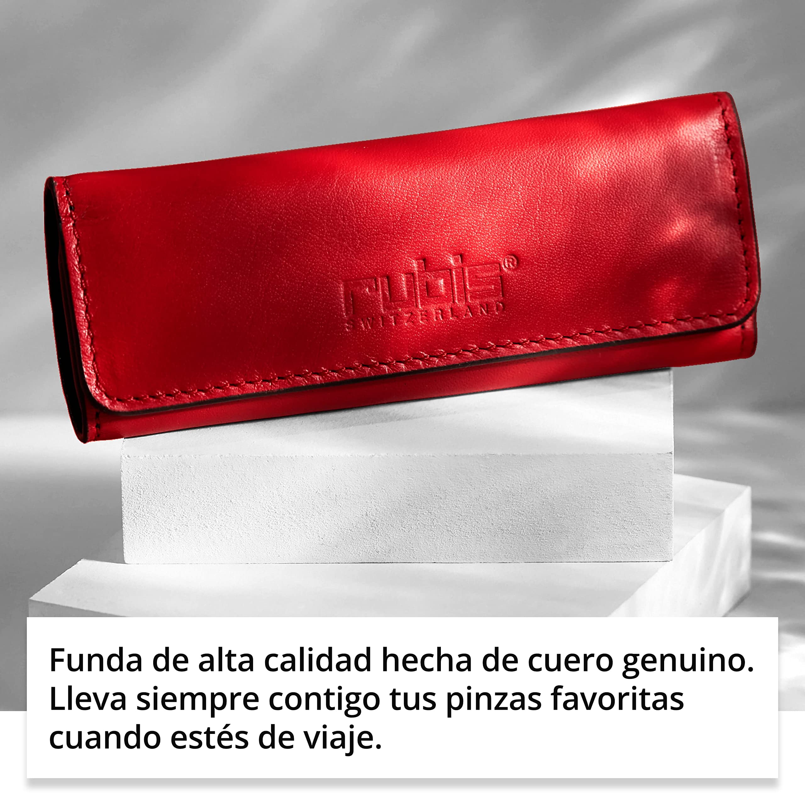 Rubis Pinzas - Pinzas para cejas oblicuas en cuero rojo pinzas estuche con bolsos espejo para viajes - punta oblicua para depilación