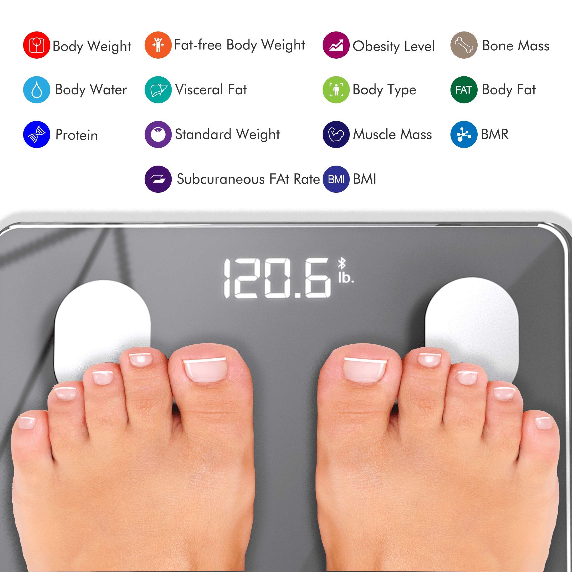 Konquest Báscula de baño digital inteligente, inalámbrico Bluetooth BMI, peso corporal, grasa y analizador de composición corporal con aplicación para smartphone (400 libras) (gris frío)
