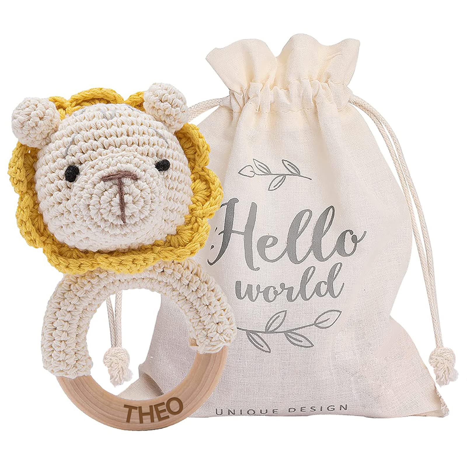 Youuys Juguete Sonajero de Madera Personalizado, Con Sonido, Mordedor de Ganchillo, Juguetes para la dentición del bebé, Juguetes de Animales Blandos, Regalo para Bebés Niños (León)