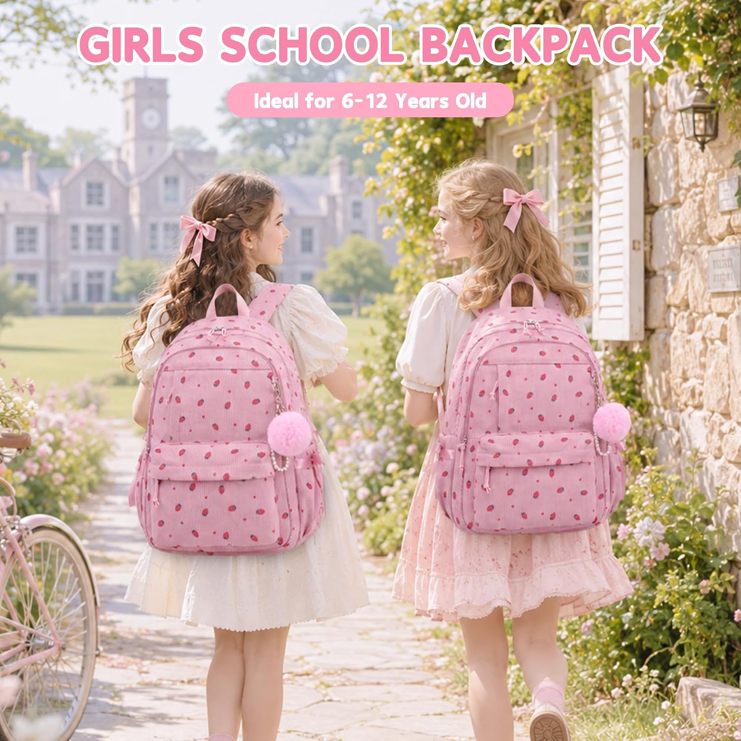 School Backpack for Teen Girls, Bow Corduroy Backpack with Lightweight 15.6 in Laptop Backpack for Elementary Middle School Travel Daypack Pink Strawberry