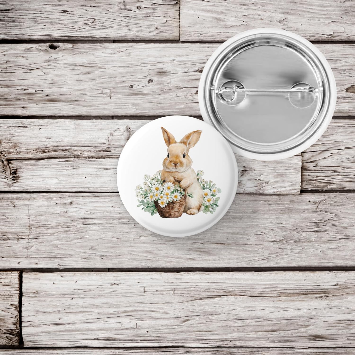 Bunny Pin Back Button – Easter Rabbit with Daisy Basket Badge – Spring Floral Lapel Pin – Garden Lover Gift, Rabbit Pin Back Button – Bunny with Flowers Badge