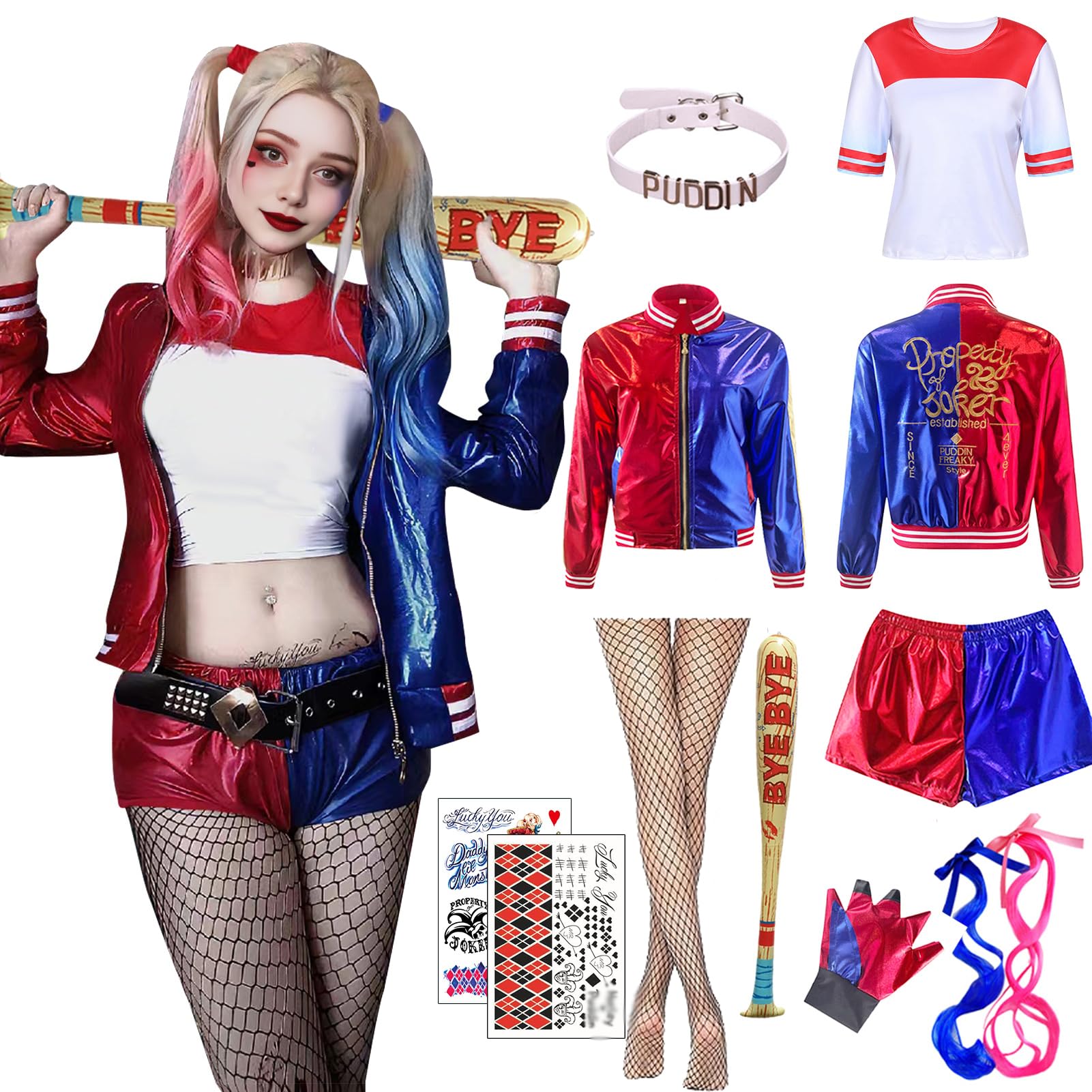 Amycute Qui-nn Costume for Women, Qui-nn Costume Adults Include Jacket T-Shirt Shorts Glove Halloween Carnival Cosplay Outfits Fancy Dress (S)